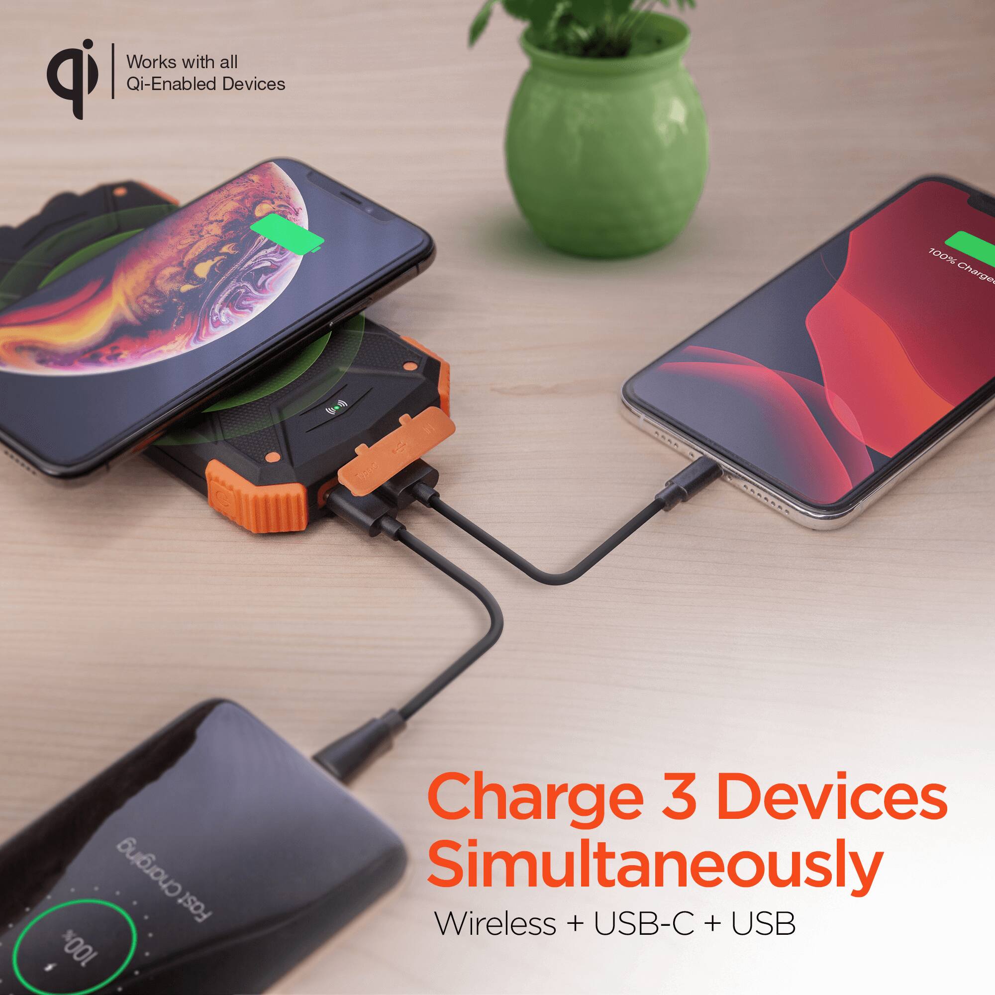 Works with all Qi-Enabled Devices

Charge 3 Devices Simultaneously
Wireless + USB-C + USB