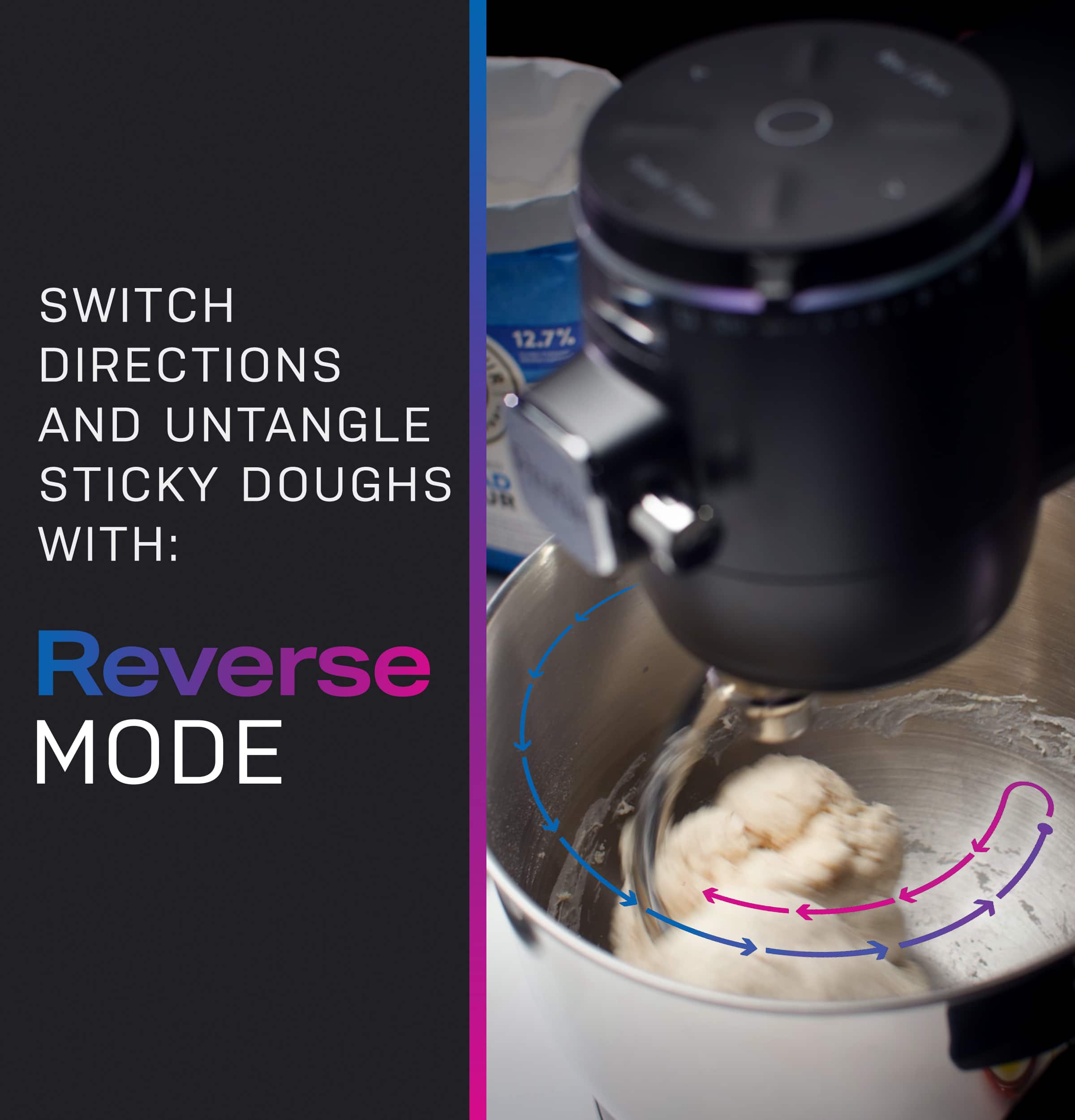 SWITCH DIRECTIONS AND UNTANGLE STICKY DOUGHS WITH: Reverse MODE