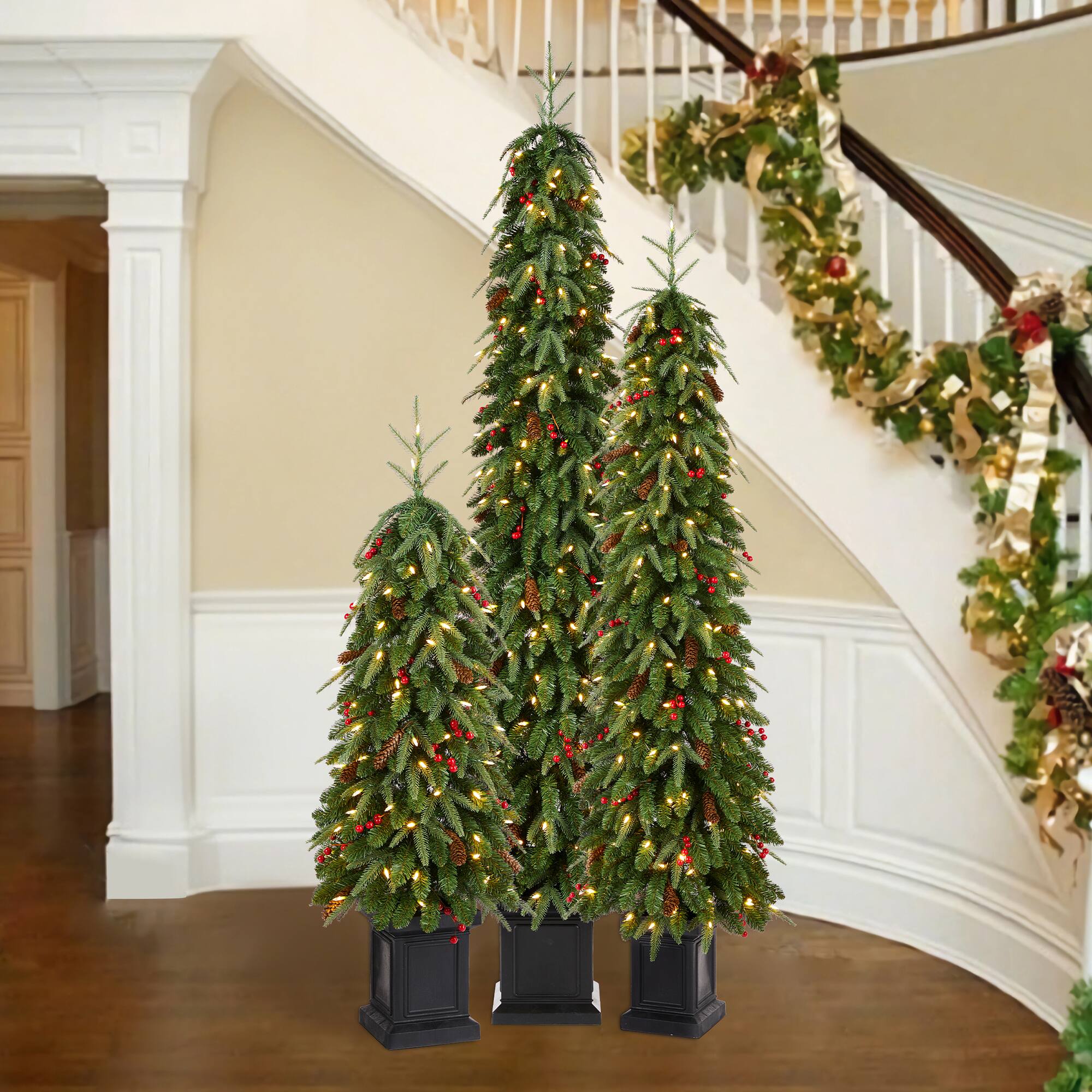 Glitzhome Set of 3 4ft/6ft/7ft Pre lit Artificial Christmas Porch Tree ...