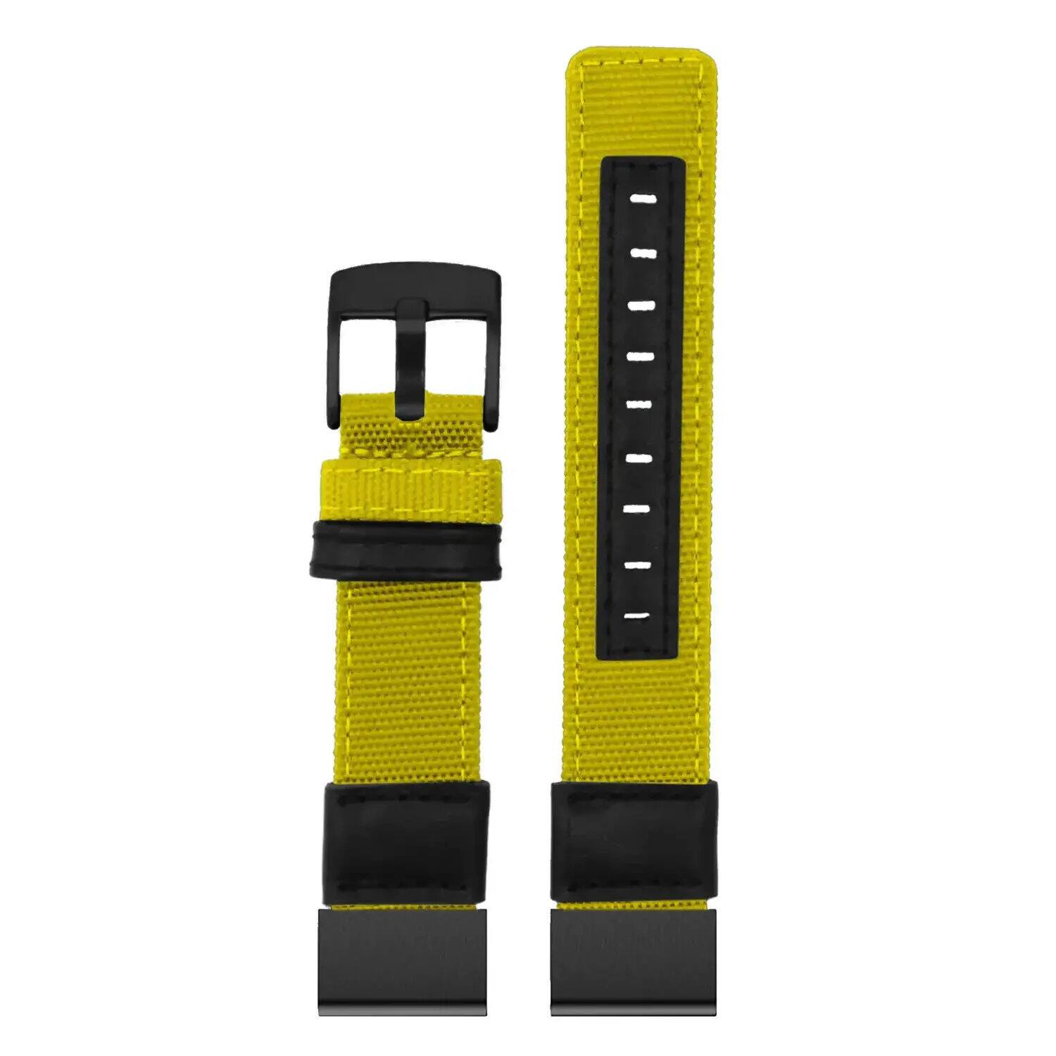 Left. StrapsCo - Rugged Canvas Band QuickFit 26 Watch Strap For Garmin D2 Mach 2 – 51mm (Extra Extra Long) - Yellow.