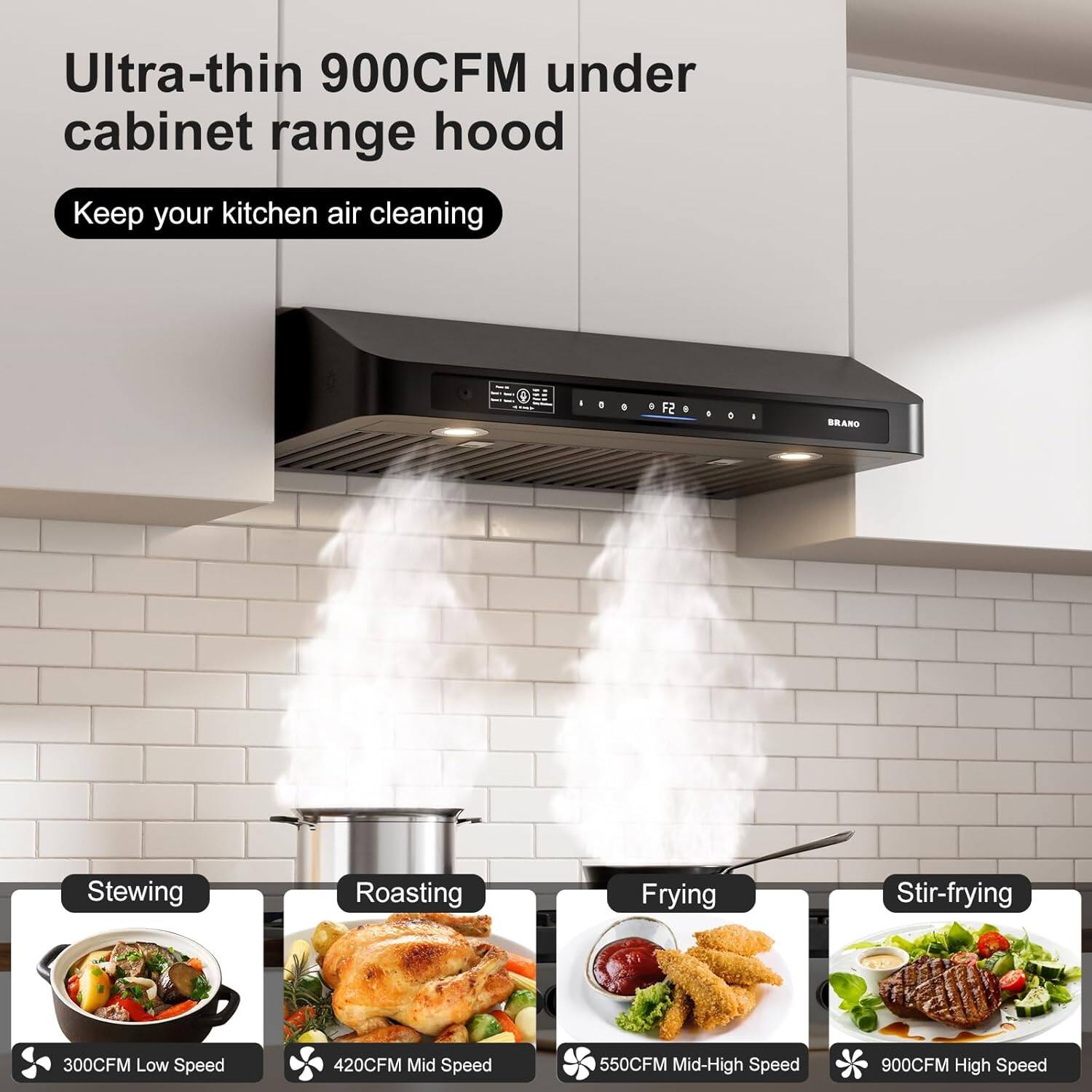 Ultra-thin 900CFM under cabinet range hood  
Keep your kitchen air cleaning  

Stewing  
300CFM Low Speed  

Roasting  
420CFM Mid Speed  

Frying  
550CFM Mid-High Speed  

Stir-frying  
900CFM High Speed
