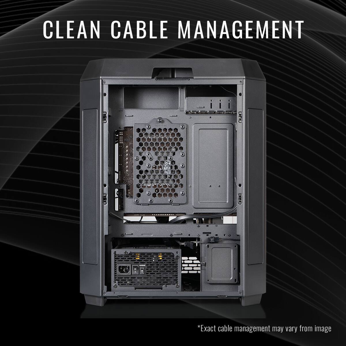 Clean cable management is a crucial aspect of maintaining an organized and efficient workspace. It involves organizing and securing cables to prevent tangling and clutter, which can lead to a more visually appealing and functional environment. Exact cable management may vary from the image, as different setups and cable management techniques can be employed depending on the specific requirements and preferences of the user.