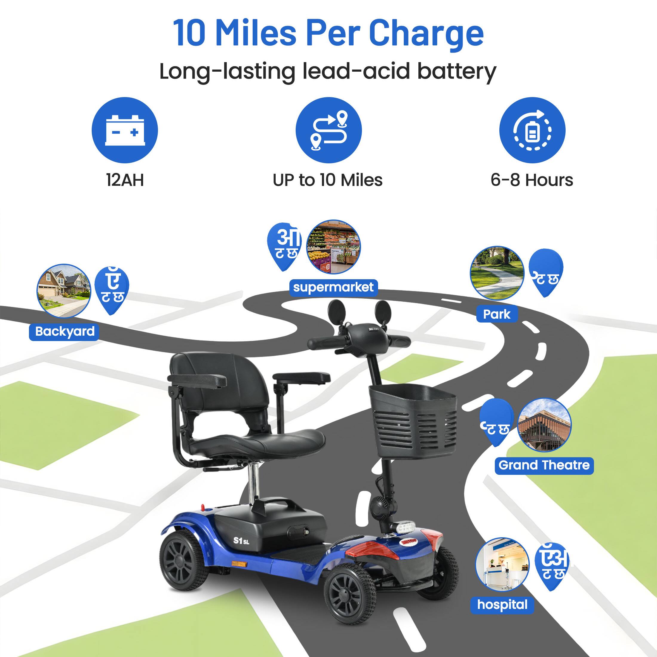 10 Miles Per Charge  
Long-lasting lead-acid battery

12AH  
UP to 10 Miles  
6-8 Hours

supermarket  
Backyard  
Park  
Grand Theatre  
hospital