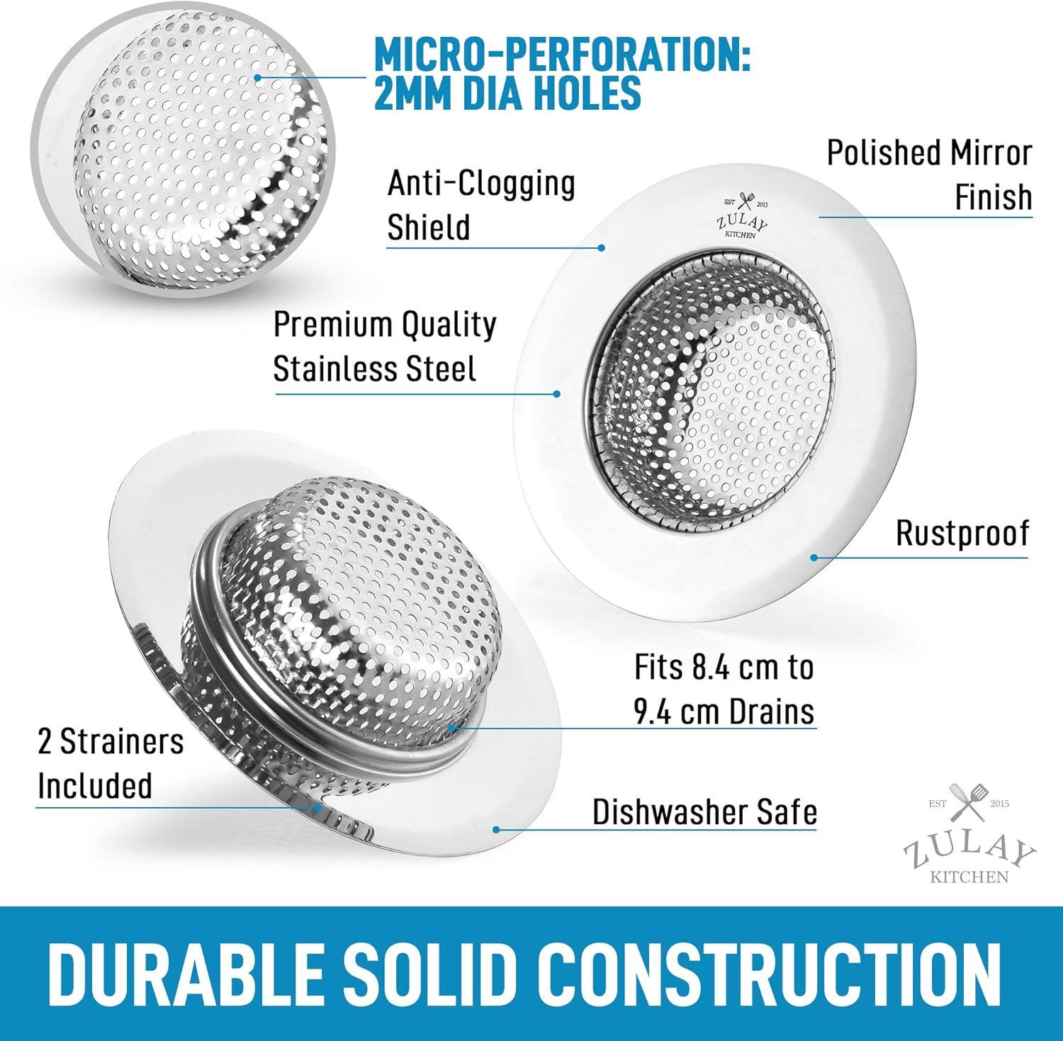 Left. Zulay Kitchen - Zulay Kitchen Sink Drain Strainer (2 Pack) - Wide Rim 4.5” Diameter Stainless Steel Sink Strainer - Silver.
