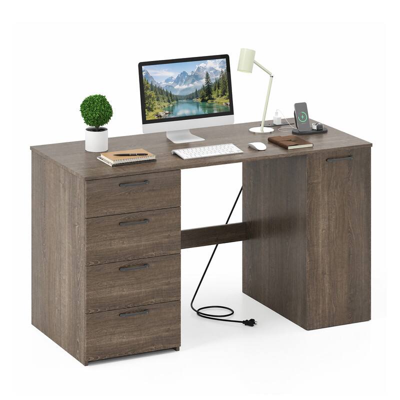 Left. WELLFOR - 53" Computer Desk with Power Outlets and 4 Storage Drawers, Executive Desk with Cabinet For Home Office - Gray.