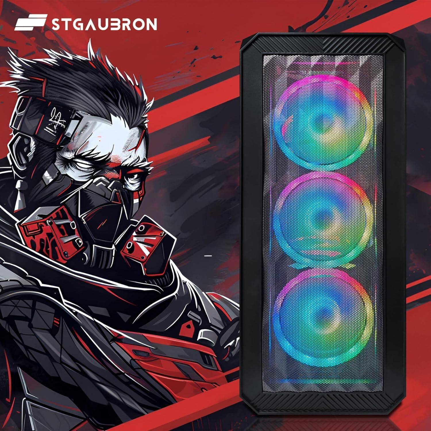 Angle. STGAubron - STGAubron Gaming PC Computer Desktop, AMD Ryzen 3200G 3.6G, Radeon RX 590 8G, 16G DDR4, 512G SSD, WiFi 6, BT 5.0, Win11H - Black.