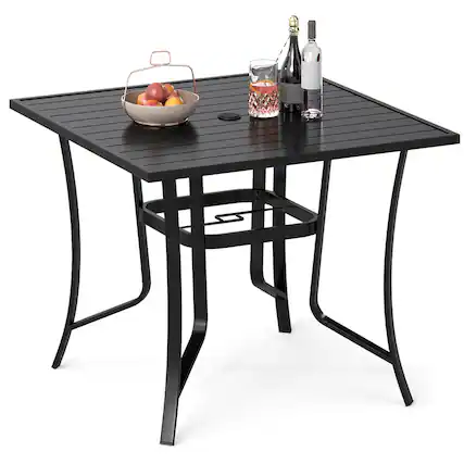 Front. Costway - Costway Square Patio Table for 4, Outdoor Metal Dining Table with Umbrella Hole for Porch - Black.