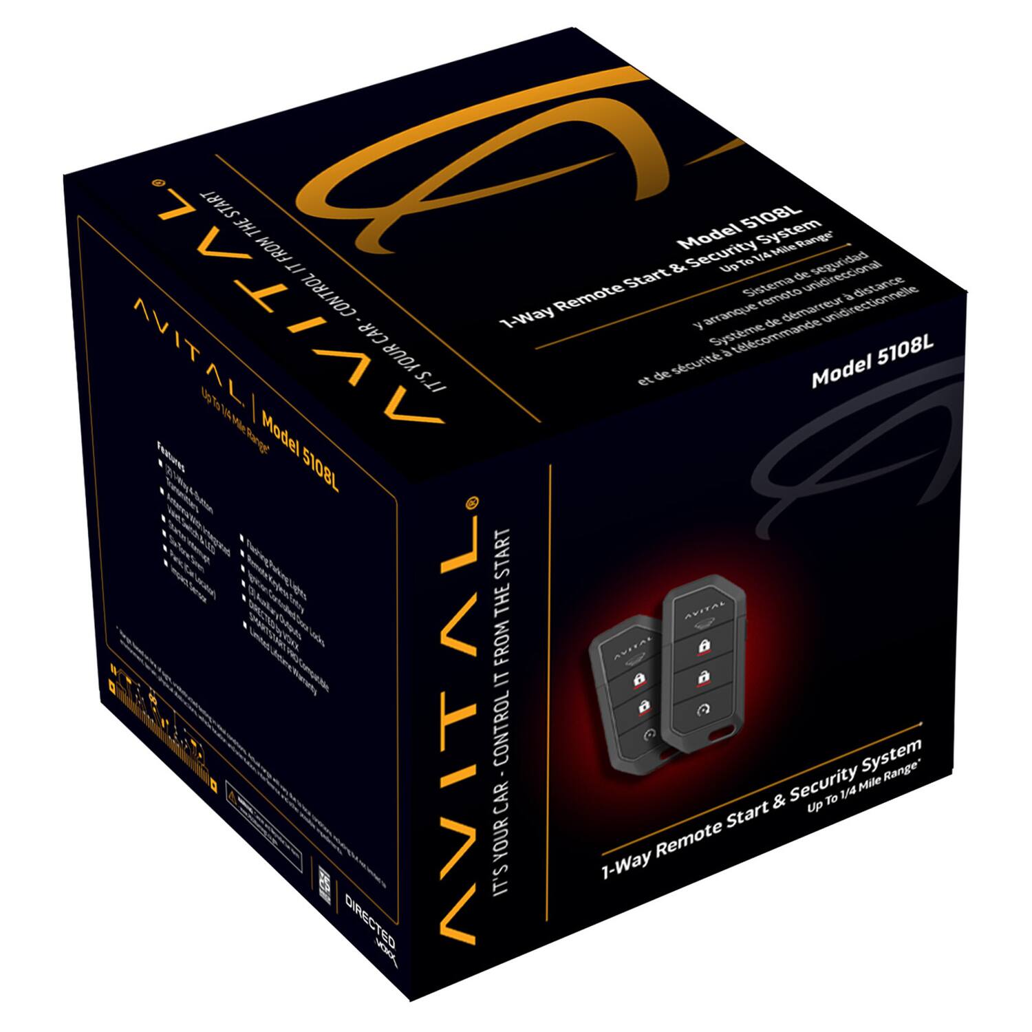 START 5108L THE Model System SagN FROM 1/ & Security UpTo 1/4 Mile segundad Start de unidireccional CONTROL Remote Sistema remoto a distance AVITAL. TE unidirectionnele 1-Way arranque de demar AVIT CAR y Systme telcommande 5108L YOUR a de scurit Model IT'S et 1 0 Model Narg  5108L  Ata 4ad START ecae t THE AVITAL CSEL a FROM AVITAI IT  DIRECTED EO AVITAL IT'S YOUR CAR CONTROL 1-Way Remote Start & Security Up To 1/4 Mile Range" MOA

Model 5108L  
1-Way Remote Start & Security System  
Up to 1/4 Mile Range*  
Sistema de arranque remoto y de seguridad a distancia  
Système de démarrage et de sécurité à distance  
Model 5108L  
IT'S YOUR CAR CONTROL - FROM THE START