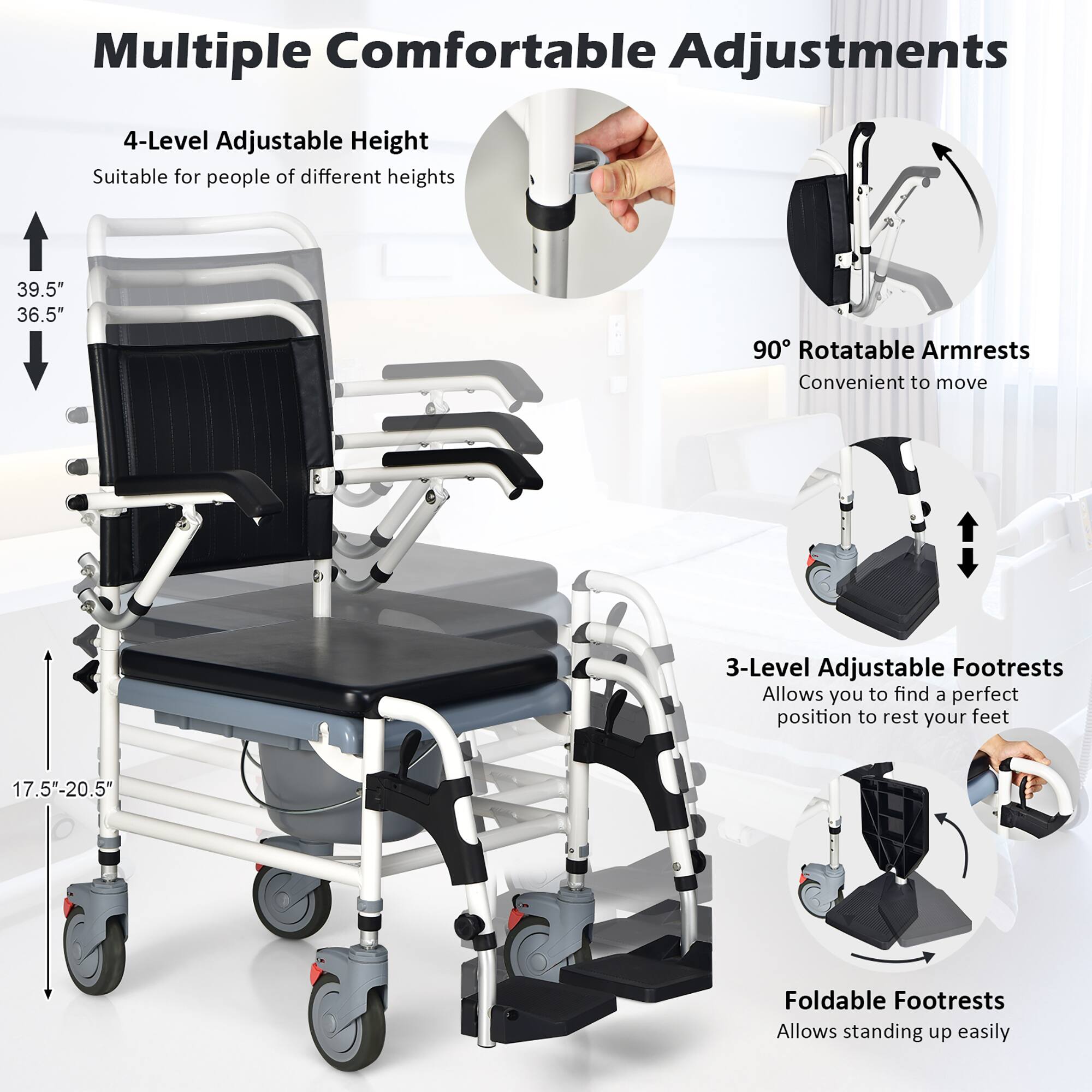 Multiple Comfortable Adjustments

4-Level Adjustable Height  
Suitable for people of different heights  
39.5" 36.5"

90° Rotatable Armrests  
Convenient to move

3-Level Adjustable Footrests  
Allows you to find a perfect position to rest your feet

Foldable Footrests  
Allows standing up easily