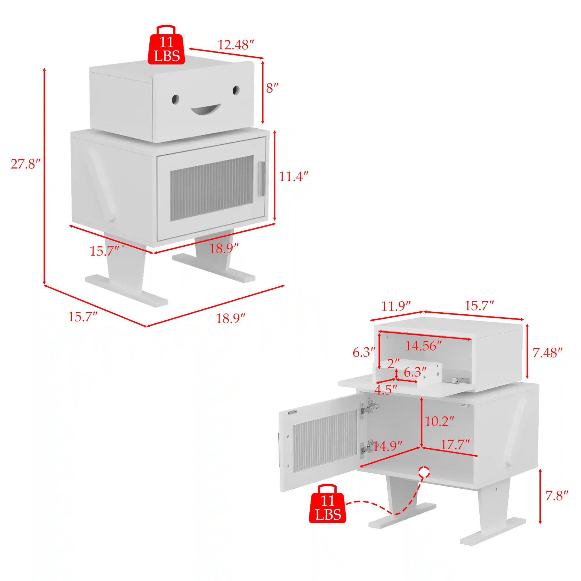 11 LBS, 11 LBS, 12.48", 8", 27.8", 11.4", 15.7", 18.9", 15.7", 18.9", 11.9", 15.7", 14.56", 6.3", 2", 6.3", 4.5", 7.48", 10.2", 14.9", 17.7", 7.8"