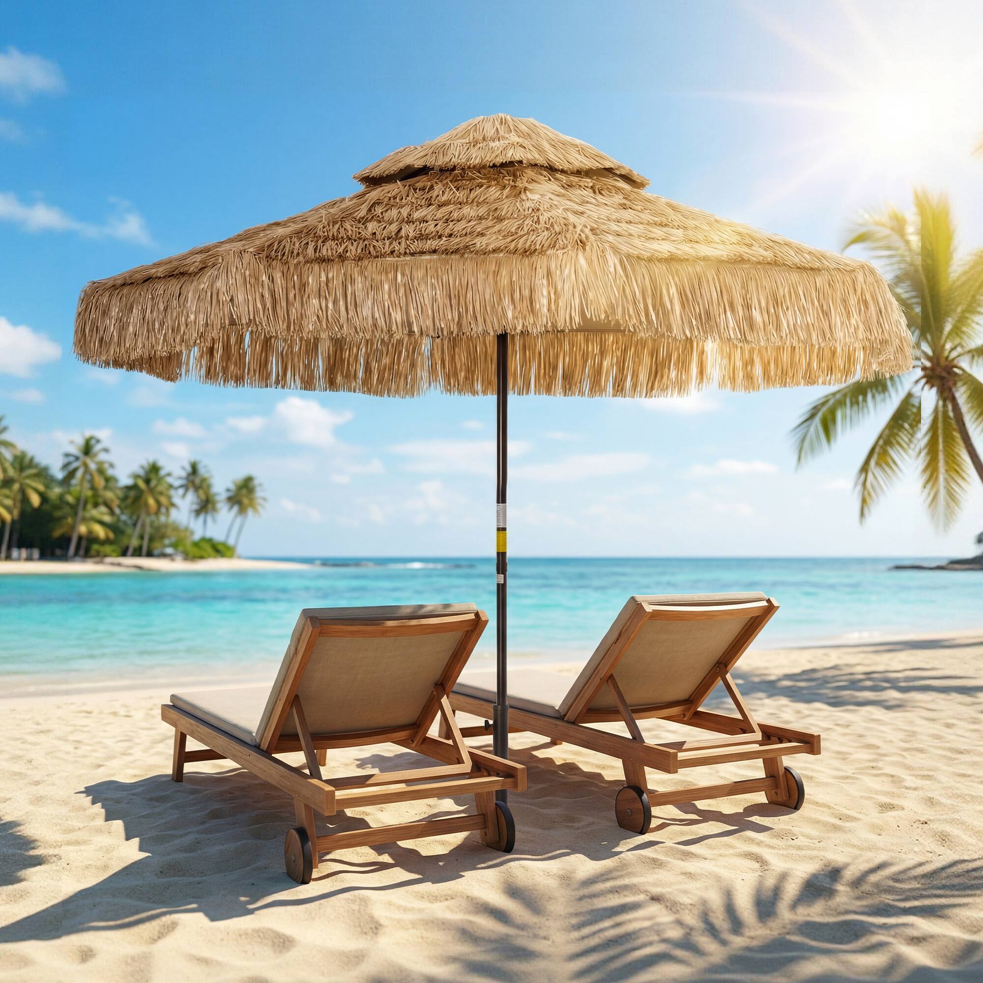 Alt View 1. Outsunny - FT Hula Thatched Tiki Patio Umbrella, 2-Tier Tropical Hawaiian Style Outdoor Umbrella with 8 Ribs - Khaki.