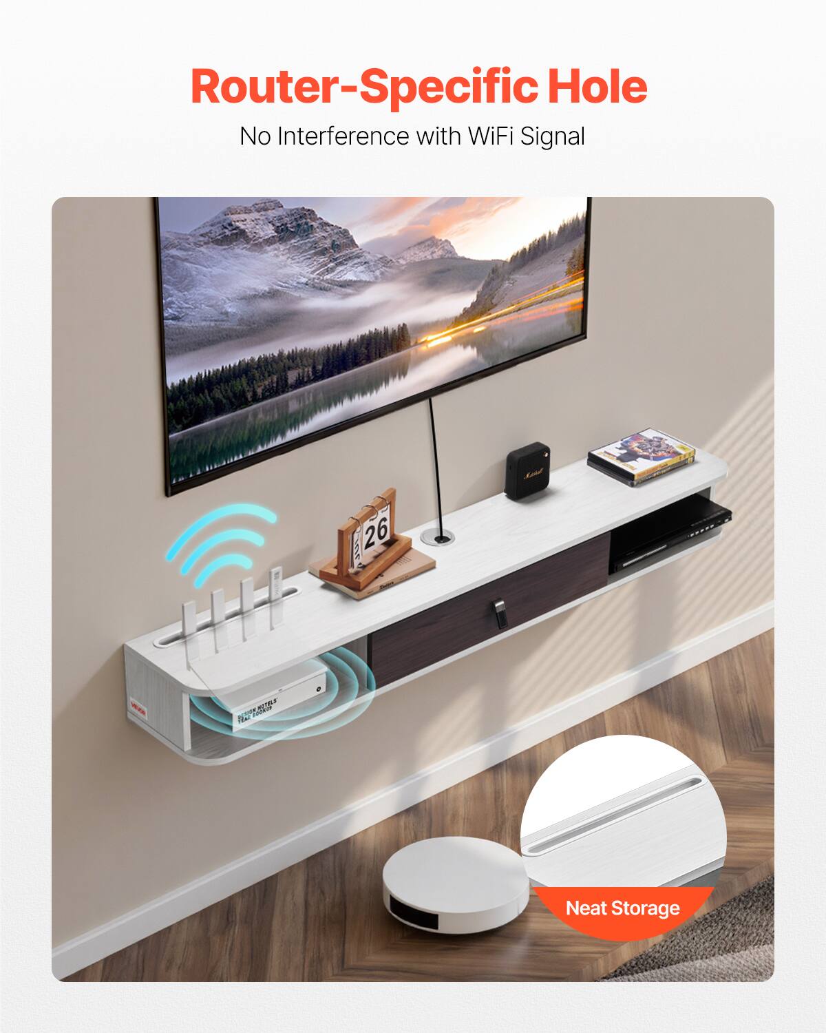 Router-Specific Hole  
No Interference with WiFi Signal  

Neat Storage