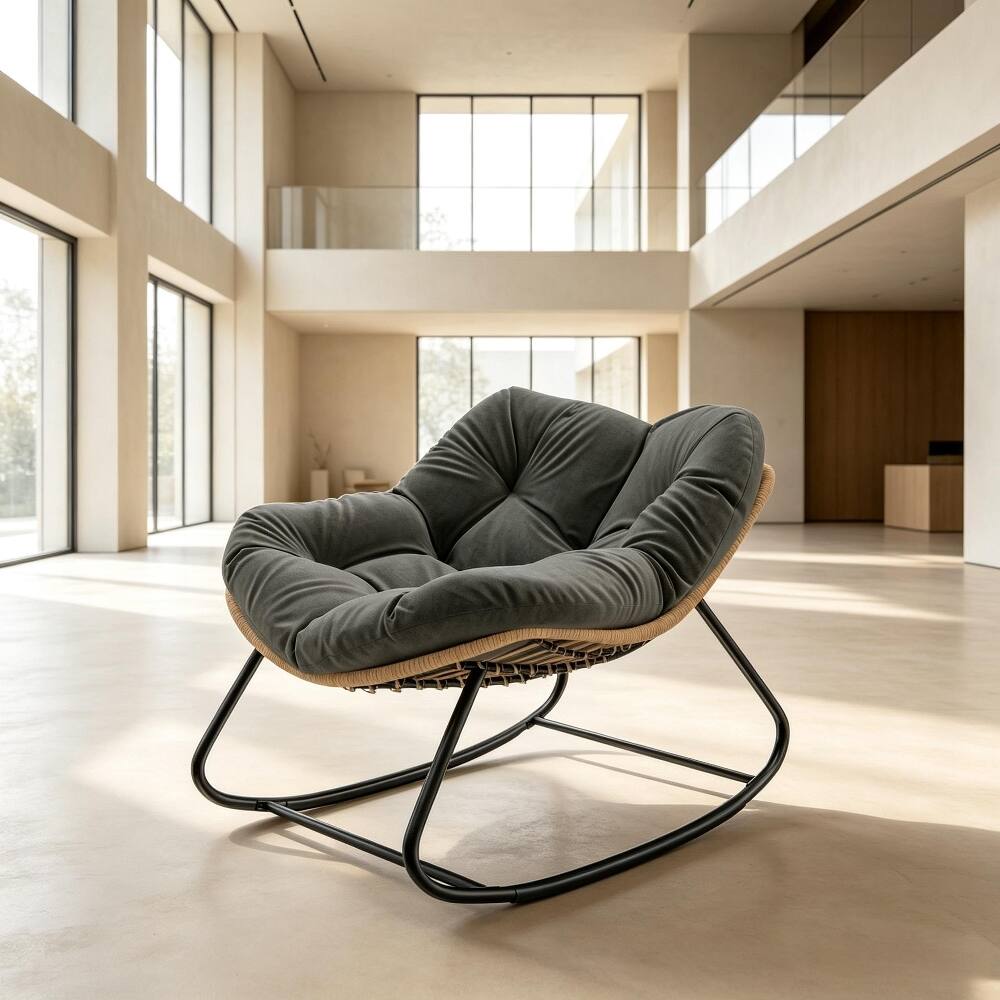 Left. Loheer - Loheer Oversized Rocking Egg Chair with Cushion Indoor Outdoor Wicker Papasan Chair Dark Gray - Dark Gray.