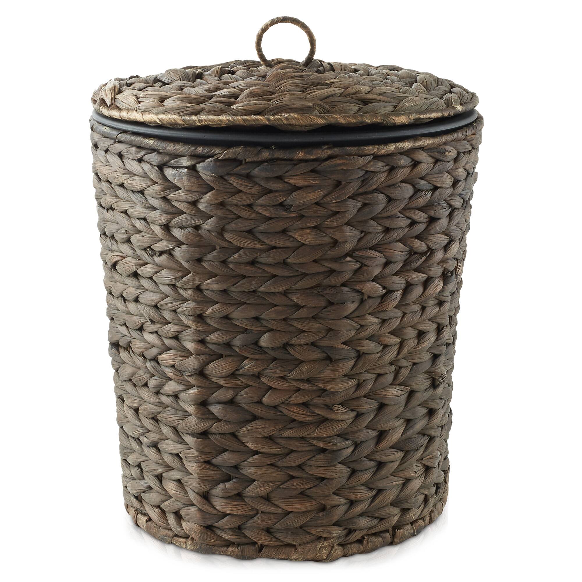 Alt View 1. Casafield - Water Hyacinth Waste Basket with Lid - Woven Trash Can - Espresso.