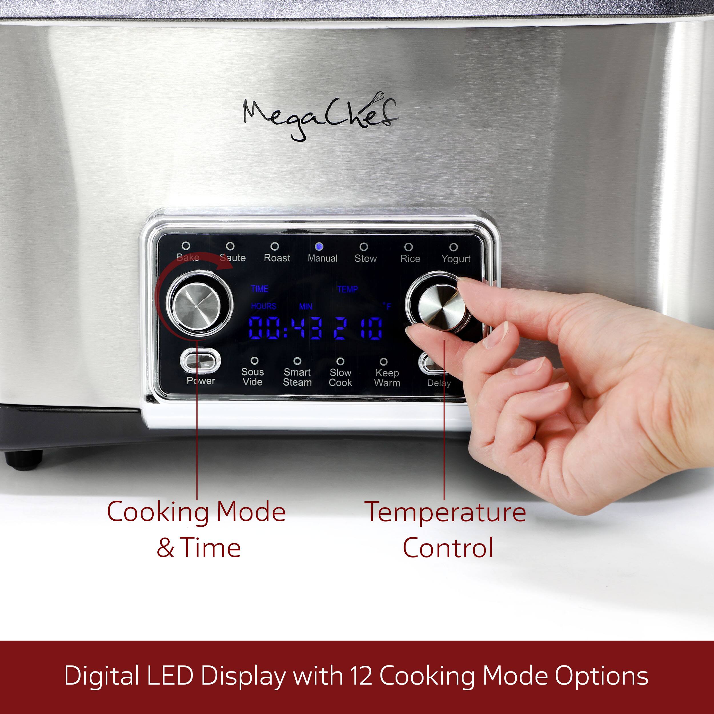 MegaChef Bake Saute Roast Manual Stew Rice Yogurt TIME TEMP HOURS MIN 00:48 2 "F 10 Power Sous Vide Smart Steam O Slow Cook O Keep Warm Delay Cooking Mode & Time Temperature Control Digital LED Display with 12 Cooking Mode Options