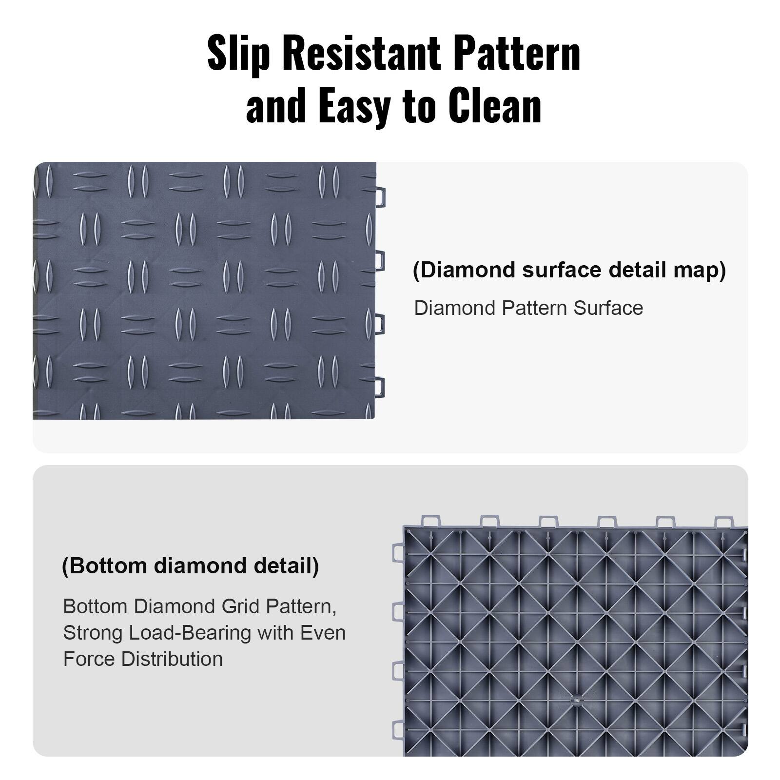 Slip Resistant Pattern and Easy to Clean

(Diamond surface detail map)  
Diamond Pattern Surface

(Bottom diamond detail)  
Bottom Diamond Grid Pattern,  
Strong Load-Bearing with Even Force Distribution