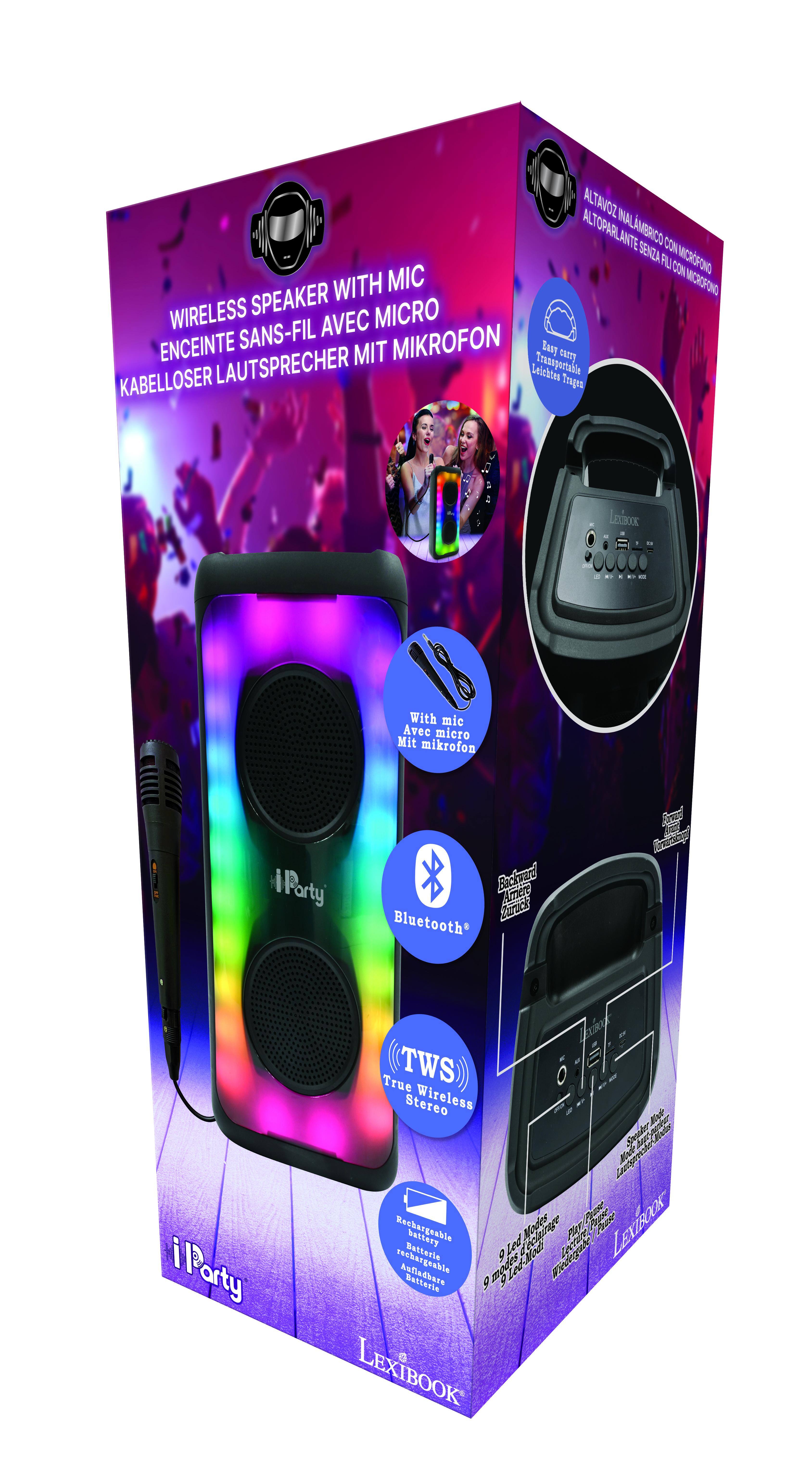 ALTAVOZ NAL ALTOPARLANTE AMBRICO SENZA CON FLI CON AICROFONO WITH MIC MICROFONO WIRELESS SPEAKER MICRO SANS-FIL AVEC ENCEINTE MIT MIKROFON u Lzs LAUTSPRECHER Leichten Traniportailn KABELLOSER LECBOOK 0- - 0000O With mic Avec micro Mit mikrofon lParty Bke Amers faruch Bluetooth S A i Party LB True TWS) Stereo Wireless K Sntto ade M zg Rechargeable Modes Mn 1 Prase LEXIROOK battery Led LACI Batterie 9 A rechargeable Astledbare modes o Bedegan Batte 9 LEXIBOOK