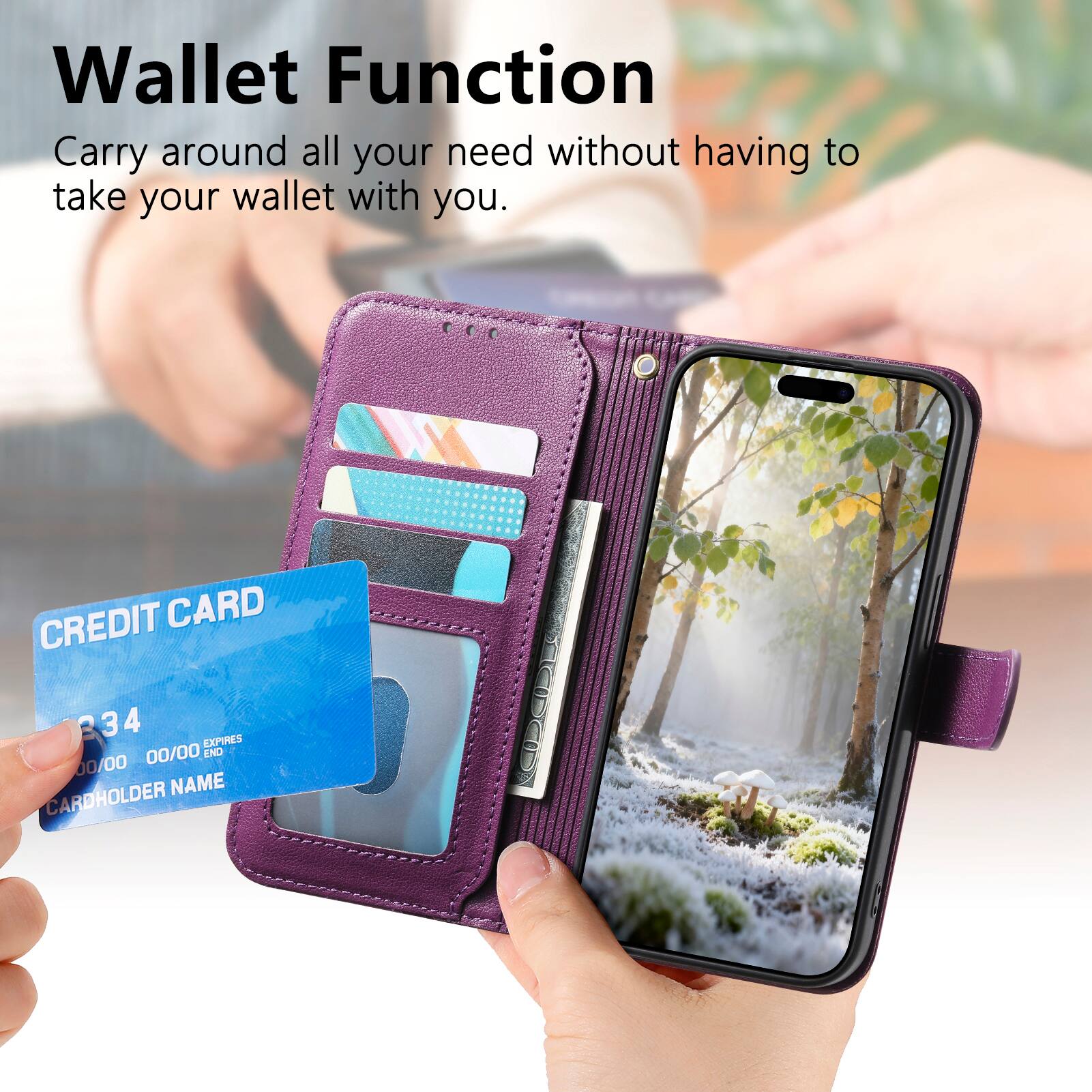 Wallet Function  
Carry around all your needs without having to take your wallet with you.

CREDIT CARD  
234 4  
EXPIRES 00/00  
ENO 00/00  
CARDHOLDER NAME