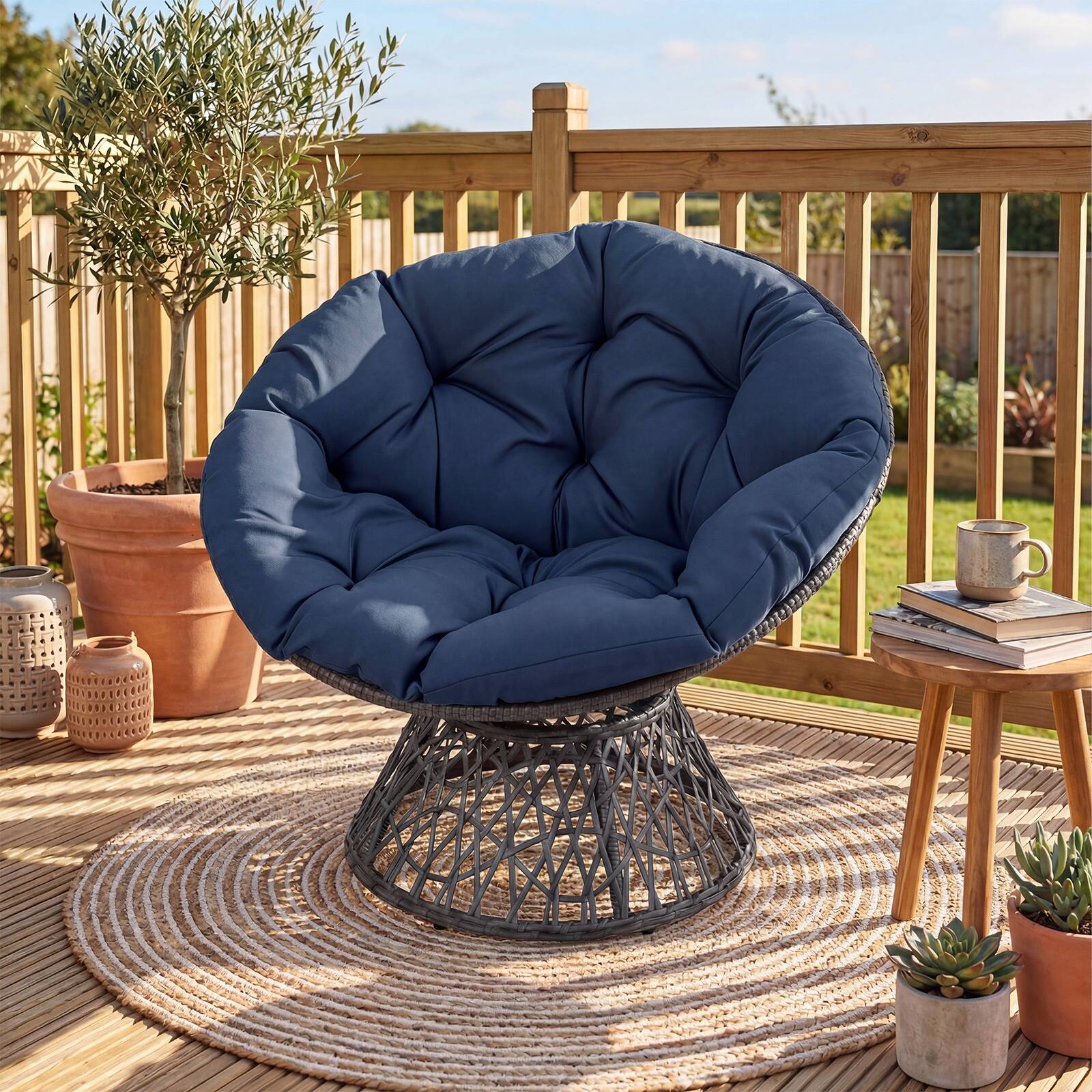 Alt View 3. Gymax - Gymax 360-DegreeSwivel Papasan Chair Round Wicker Lounge Chair w/Thick Cushion&Metal Frame Navy Blue - Blue.