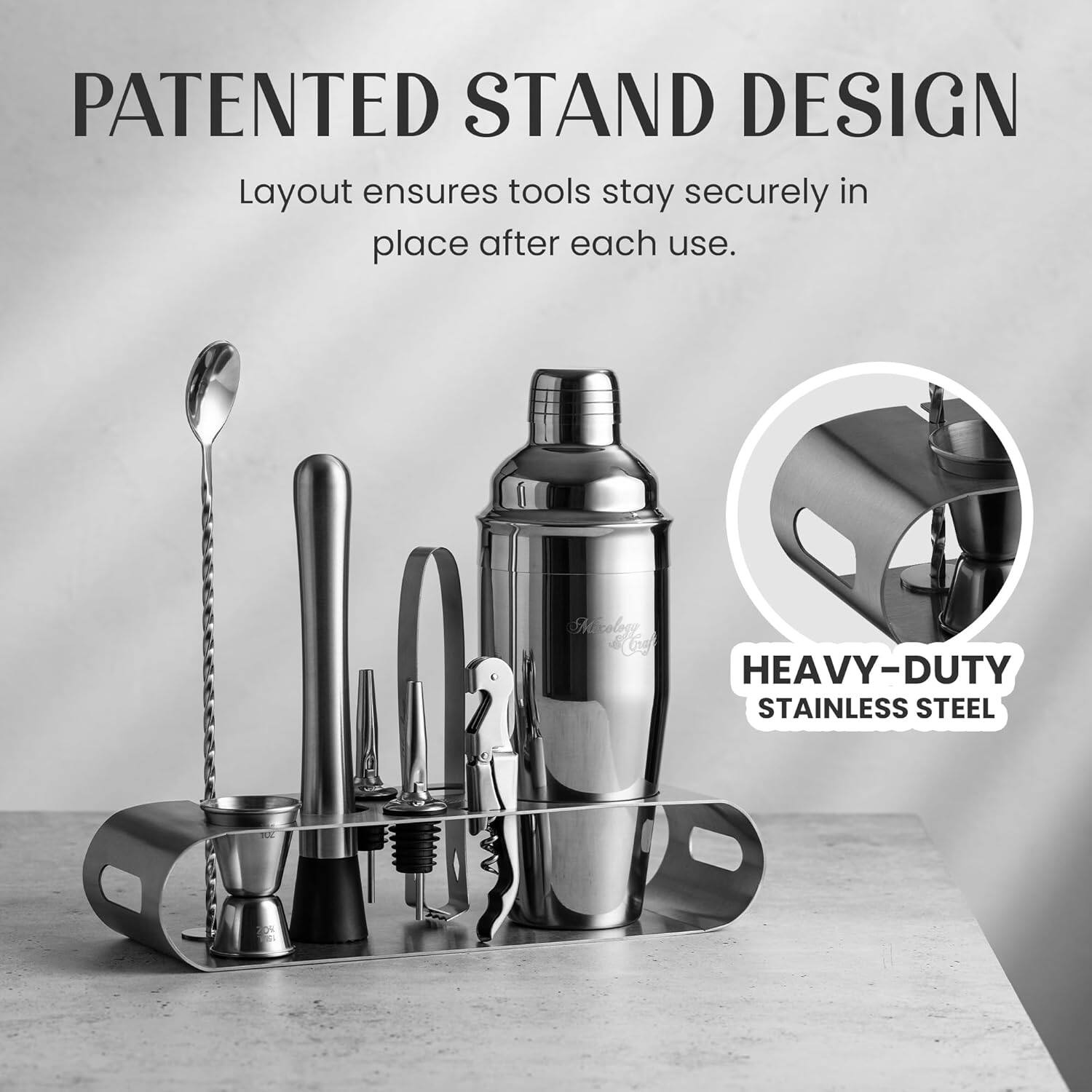 PATENTED STAND DESIGN  
Layout ensures tools stay securely in place after each use.  

HEAVY-DUTY STAINLESS STEEL