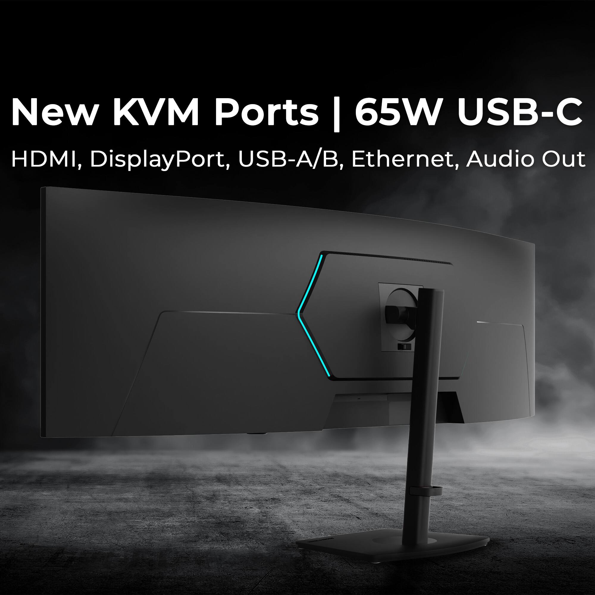 New KVM Ports | 65W USB-C  
HDMI, DisplayPort, USB-A/B, Ethernet, Audio Out