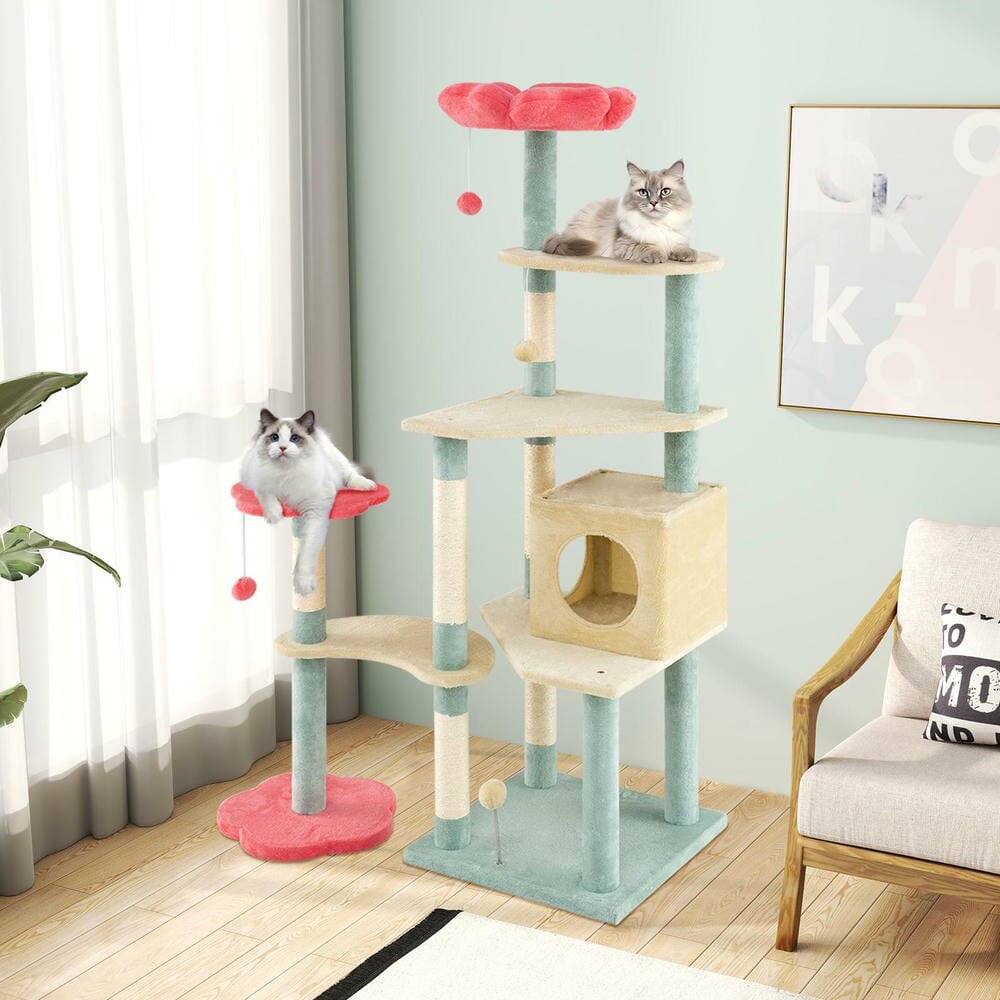 Back. Kadyn - 61-Inch Tall Floral Cat Tree Tower with Flower-Shaped Padded Perches, Multicolor - Blue.
