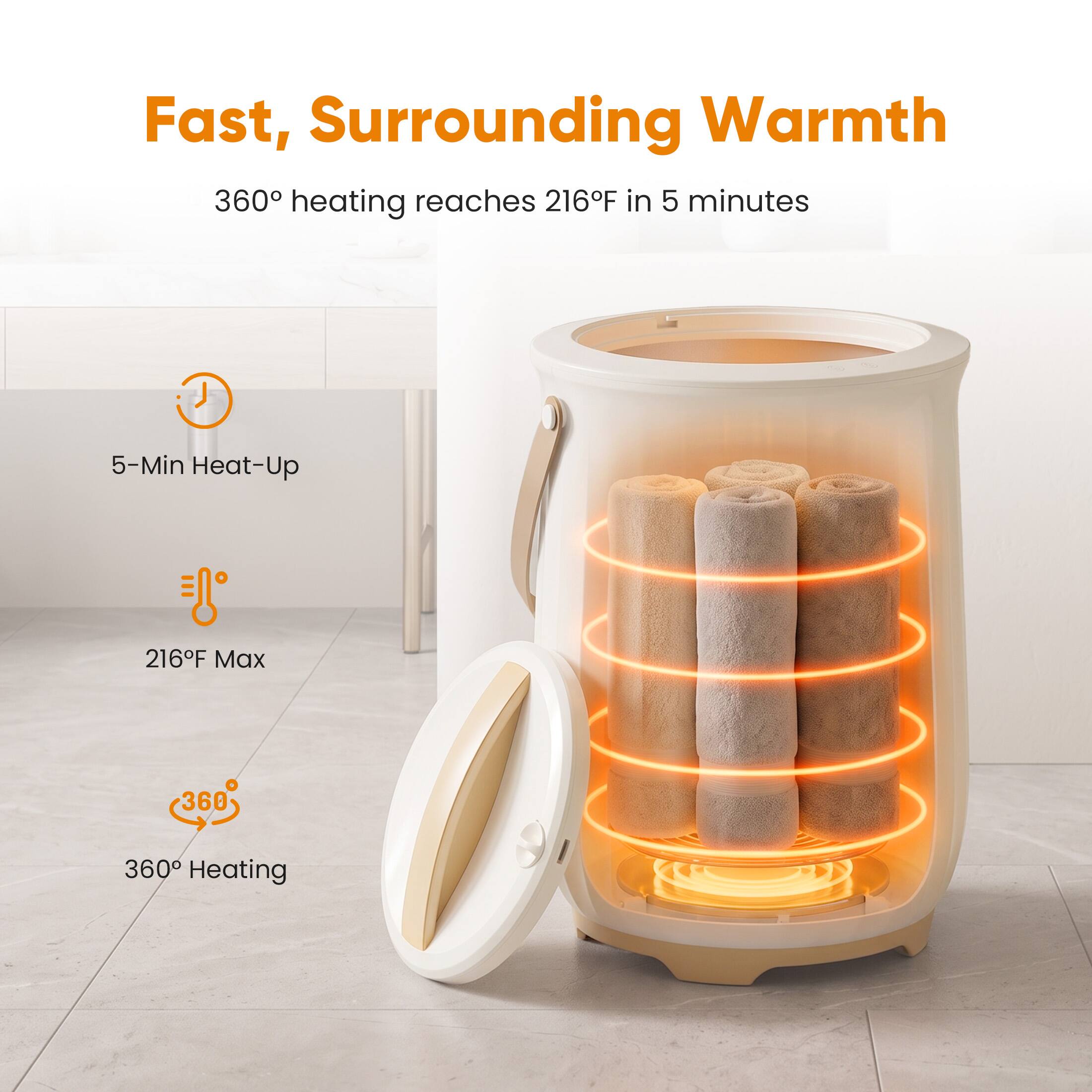 Fast, Surrounding Warmth  
360° heating reaches 216°F in 5 minutes  
5-Min Heat-Up  
216°F Max  
360° Heating