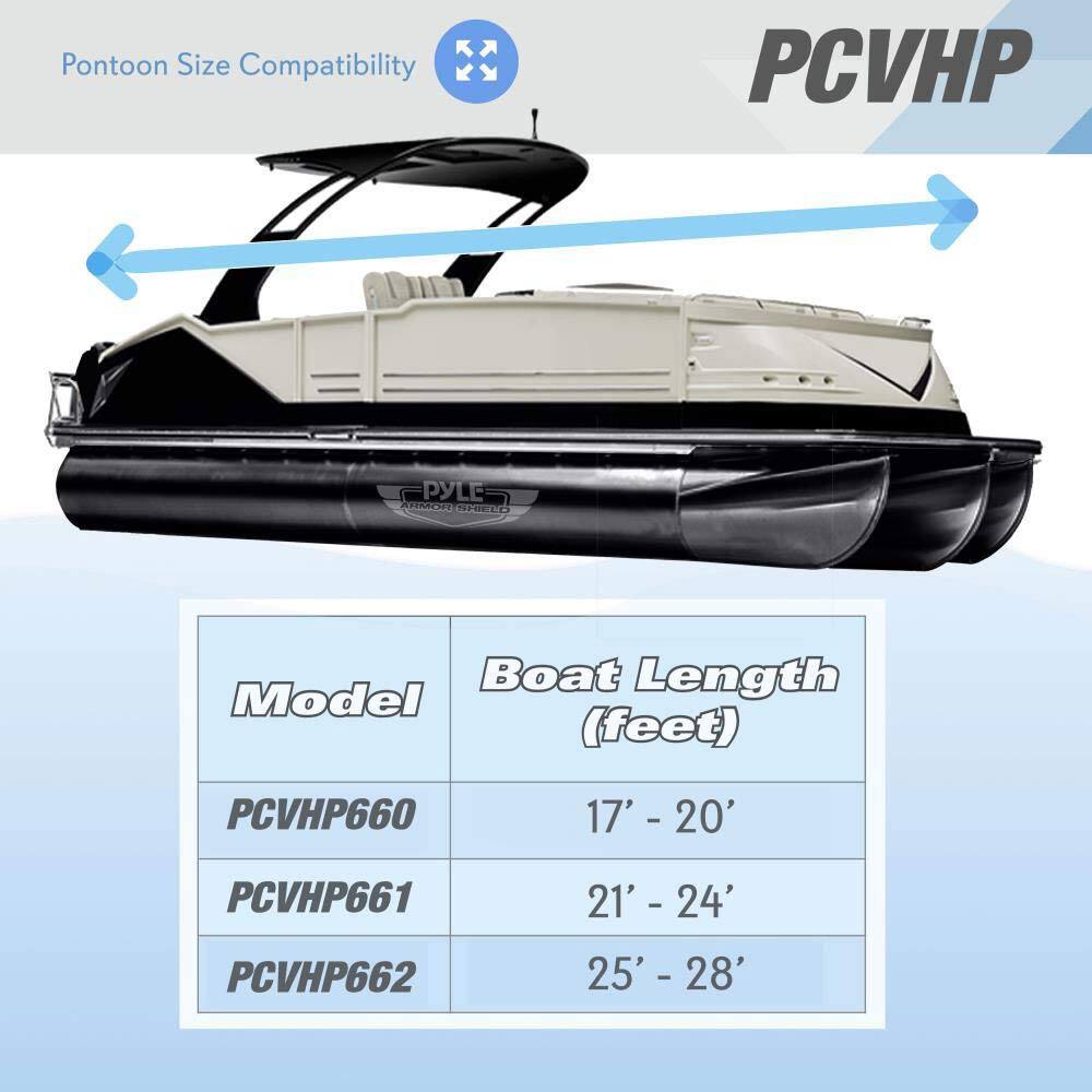 Pontoon Size Compatibility

PCVHP

Model | Boat Length (feet)
--- | ---
PCVHP660 | 17' - 20'
PCVHP661 | 21' - 24'
PCVHP662 | 25' - 28'