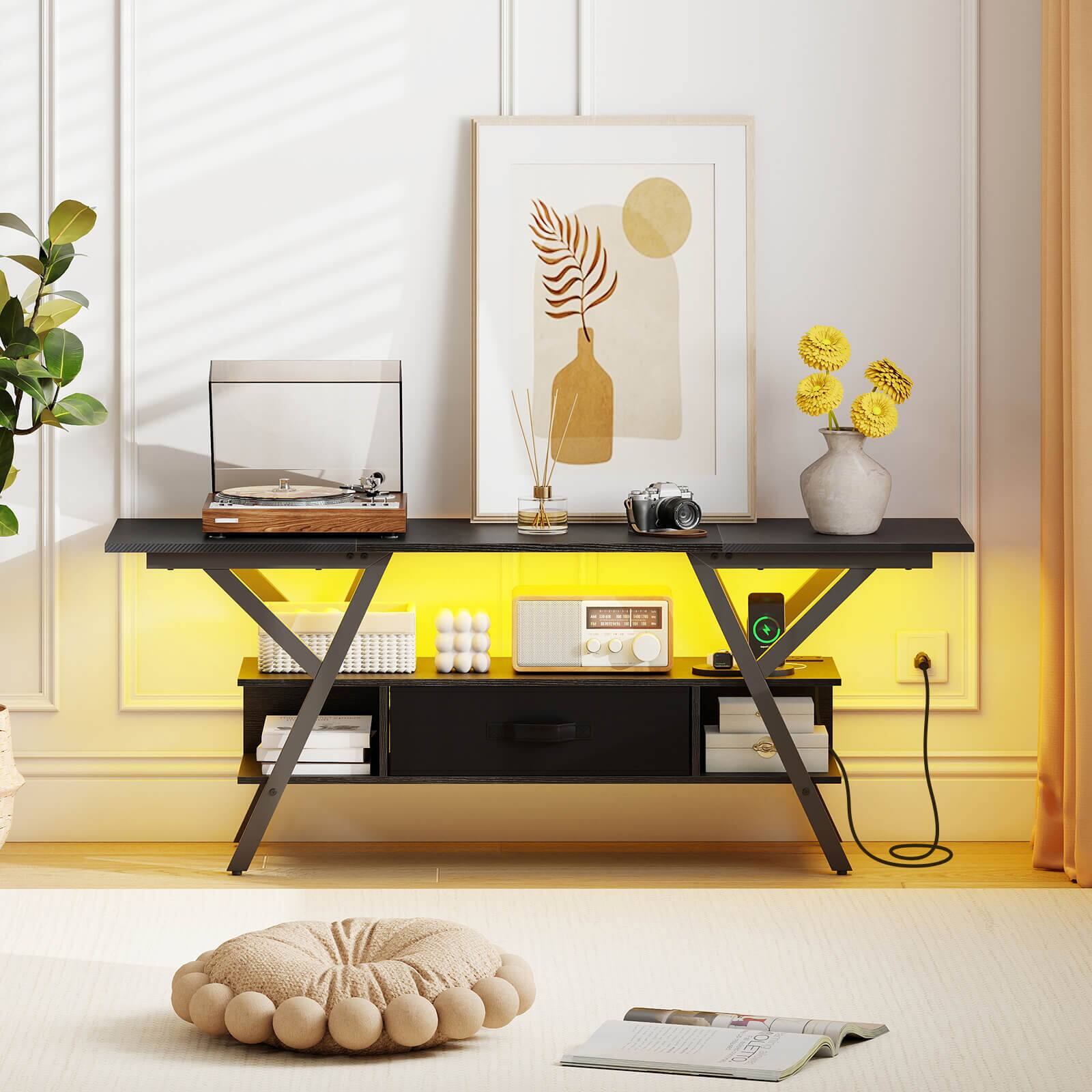 Alt View 4. Costway - Costway 3-Tier TV Stand with Power Outlets for 65" TVs, LED Lights & Remote Storage Shelves - Black.