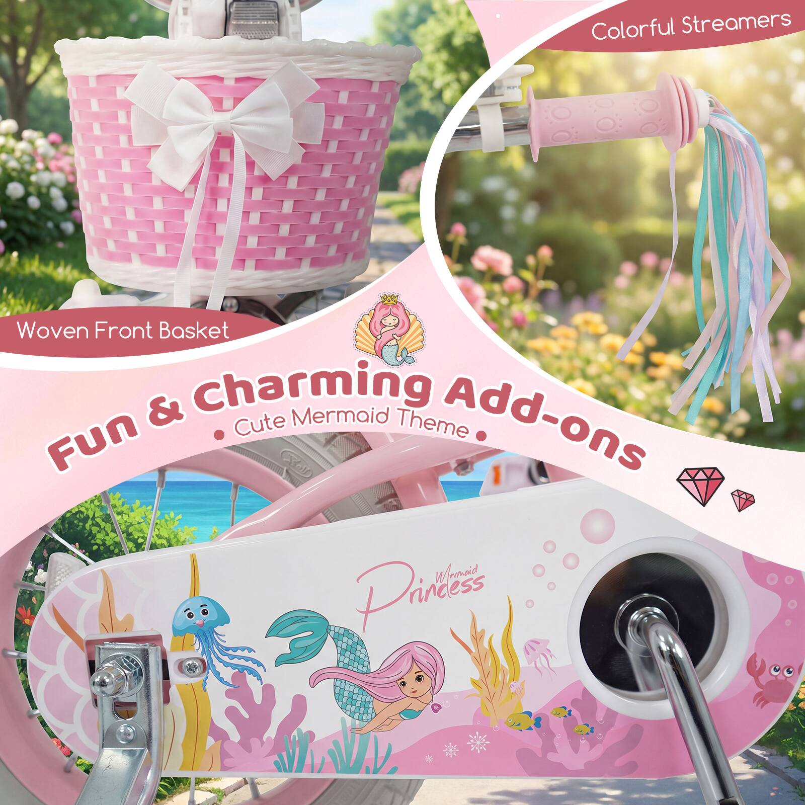 Colorful Streamers Woven Front Basket & Charming Cute Mermaid Theme Add-ons Fun & Charming Add-ons