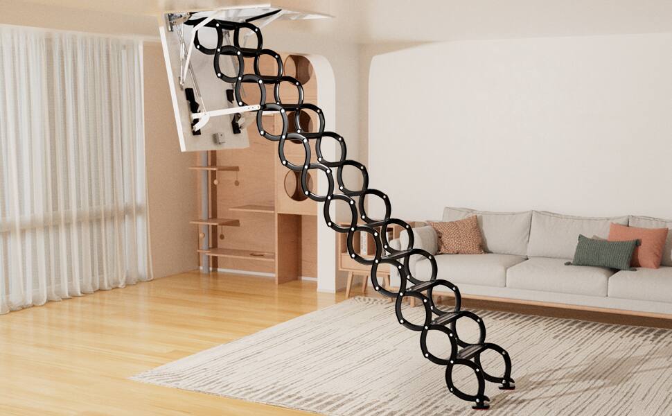 Alt View 5. Topteng - 12-Step Black Loft Ladder - Wall Mounted Foldable, 660lb Capacity, Alloy Steel for Attic & Roof Access - Black.