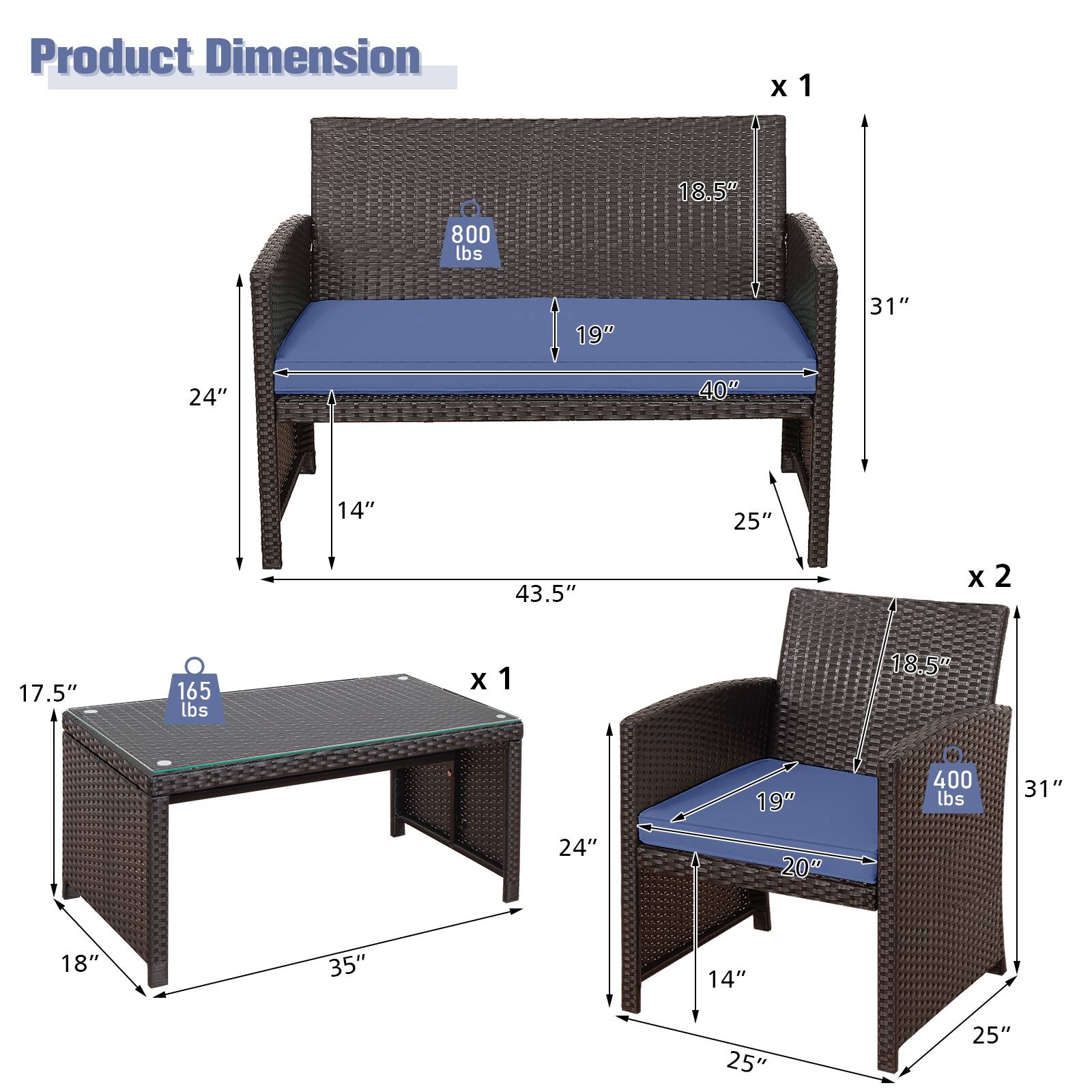Product Dimension

x1  
800 lbs  
18.5" x 19" x 40"  
24" x 14" x 25"  
31" x 43.5"

x2  
400 lbs  
18.5" x 19" x 20"  
24" x 14" x 25"  
31" x 25"

x1  
165 lbs  
17.5" x 18" x 35"  
18" x 35"