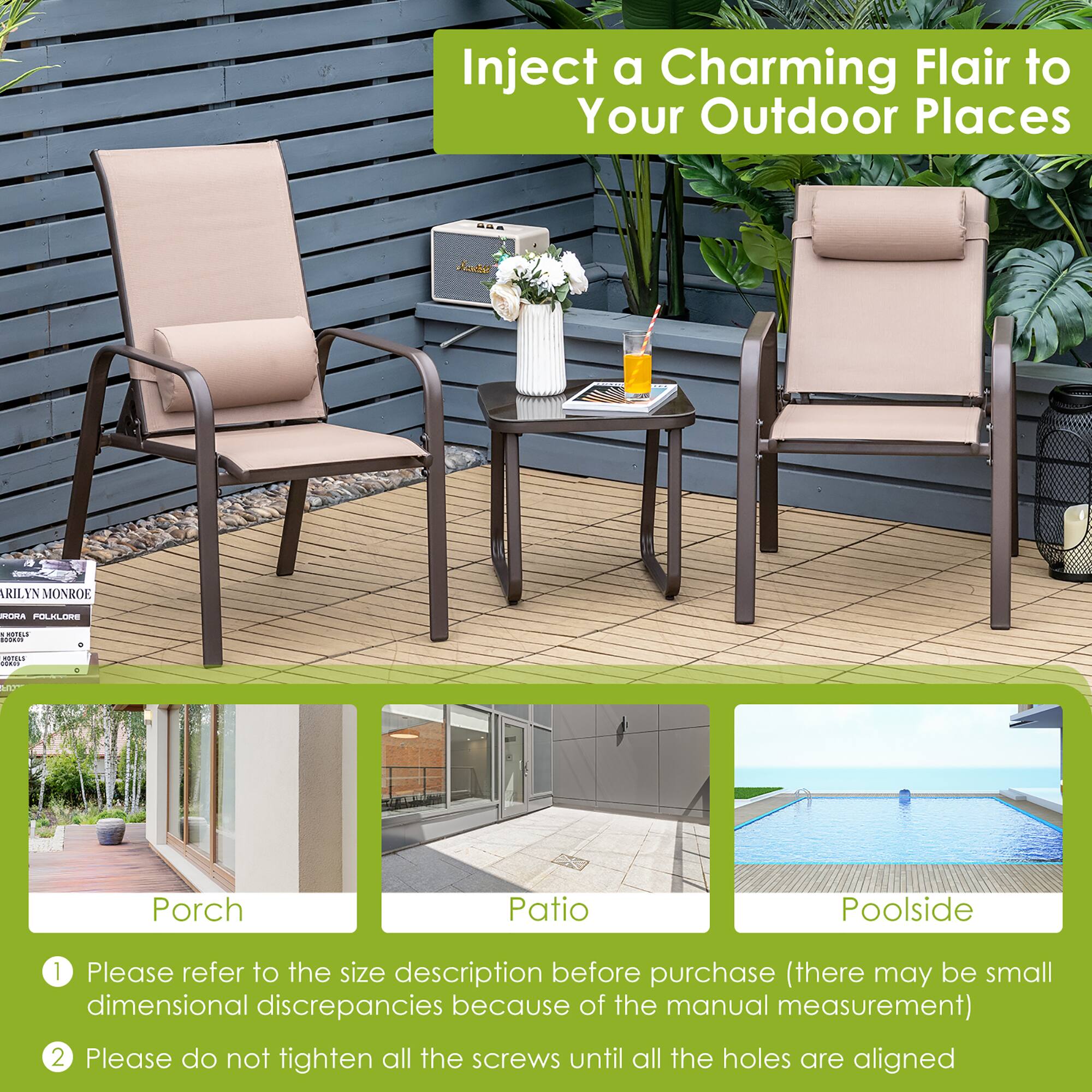 Inject a Charming Flair to Your Outdoor Places

Jauee ARILYN MONROE RA PLALI 1.20D4

Porch
Patio
Poolside

1. Please refer to the size description before purchase (there may be small dimensional discrepancies because of the manual measurement)
2. Please do not tighten all the screws until all the holes are aligned
