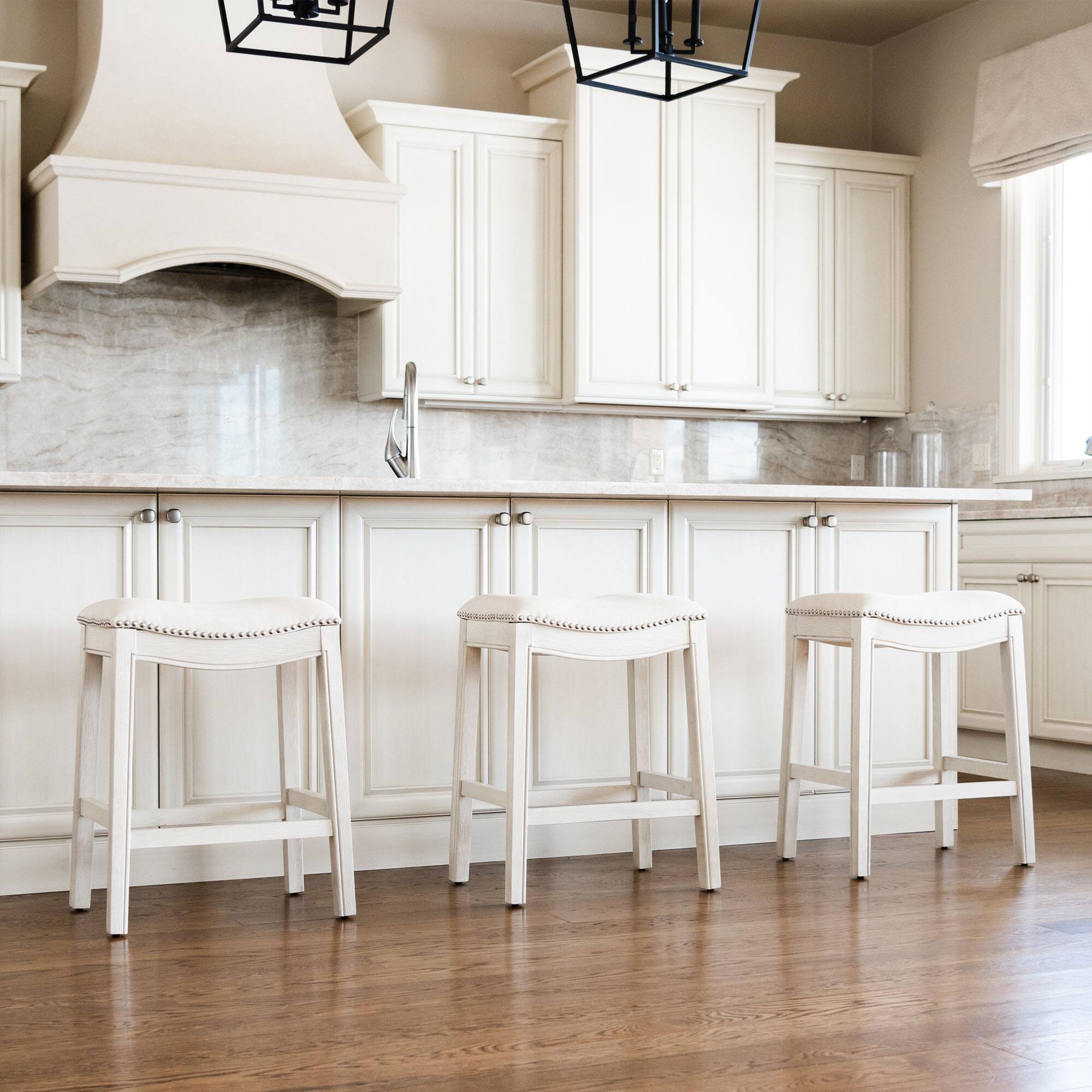 Alt View 4. Maven Lane - Maven Lane Adrien Saddle Counter Stool in White Oak Finish w/ Natural Fabric Upholstery, Set of 4 - White Oak.