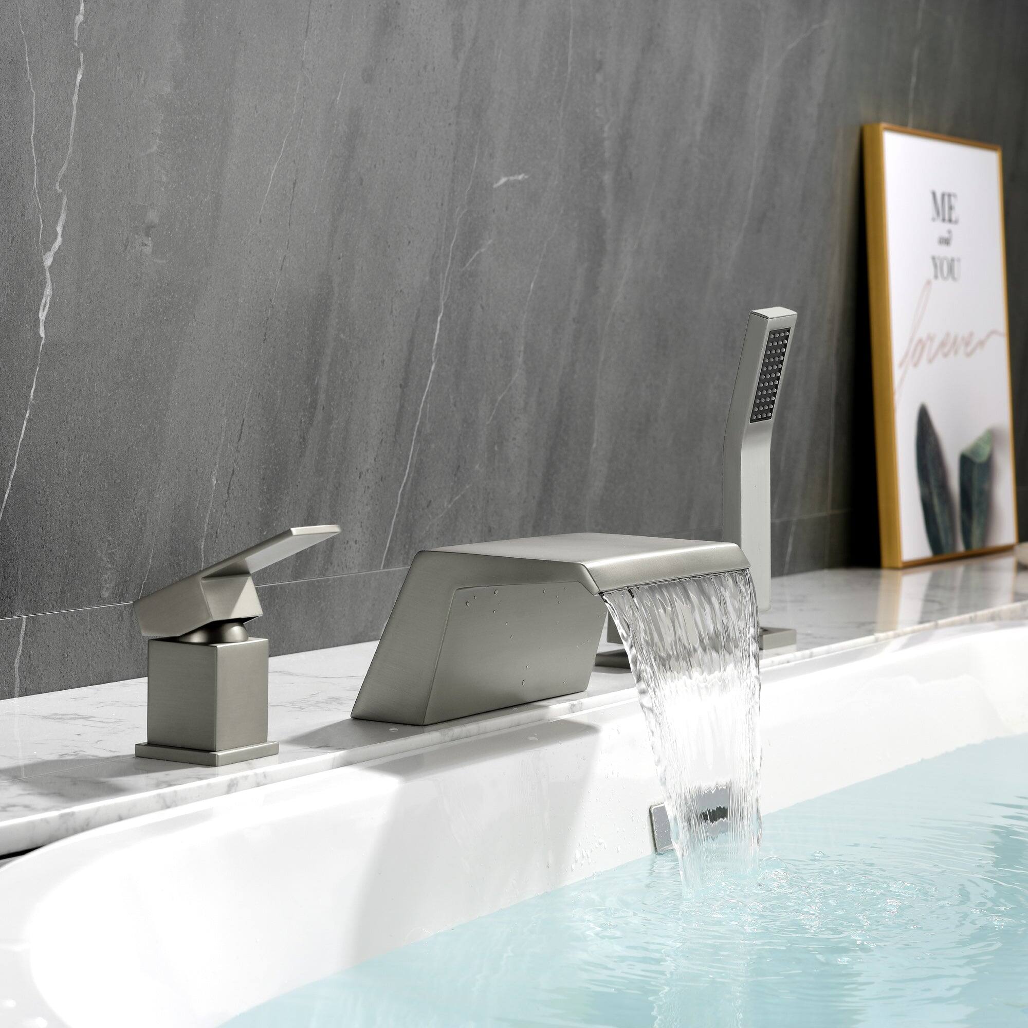 Alt View 9. Boyel Living - Polygonal Waterfall Bath Tub Faucet with Hand Shower Hot and Cold Single Handle SUS304 Anti Fingerprint - Brushed Nickel.