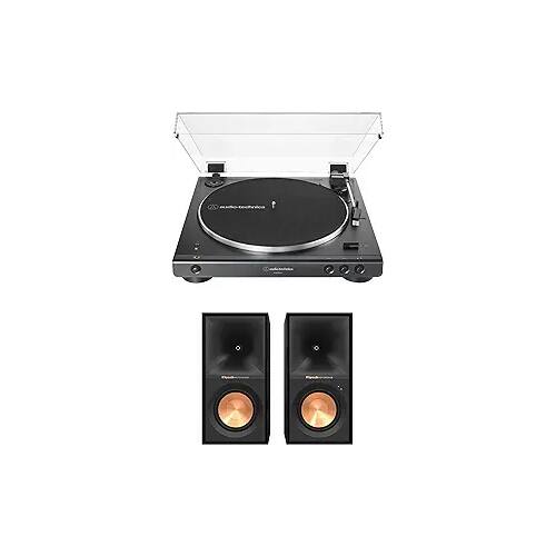 Front. Audio-Technica - Audio-Technica AT-LP60XBT-BK Turntable (Black) with Klipsch R-50PM Powered Speakers - Bundle - Black.
