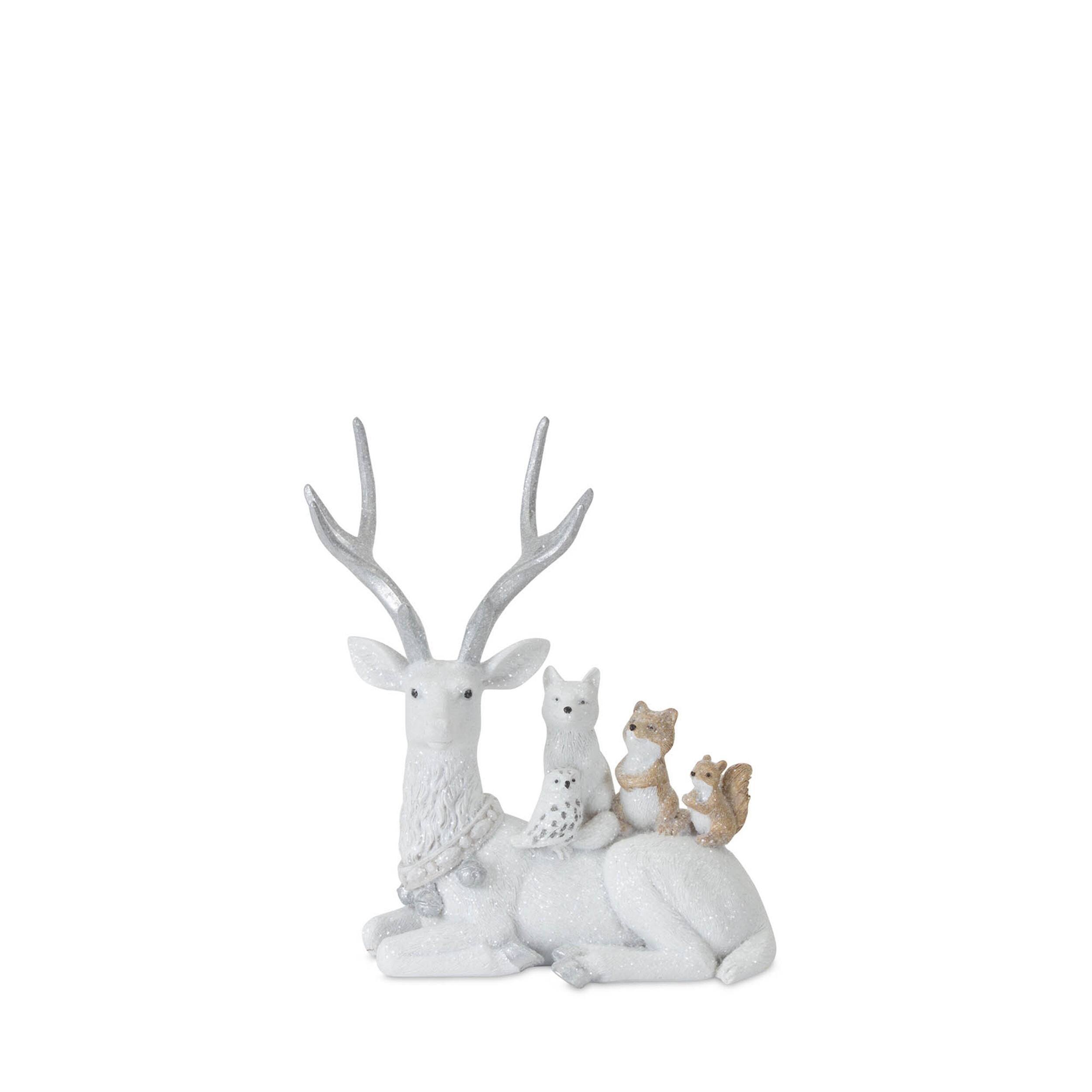 Back. BreeBe - Winter Deer with Woodland Friends Figurine (Set of 2) - White, Silver.