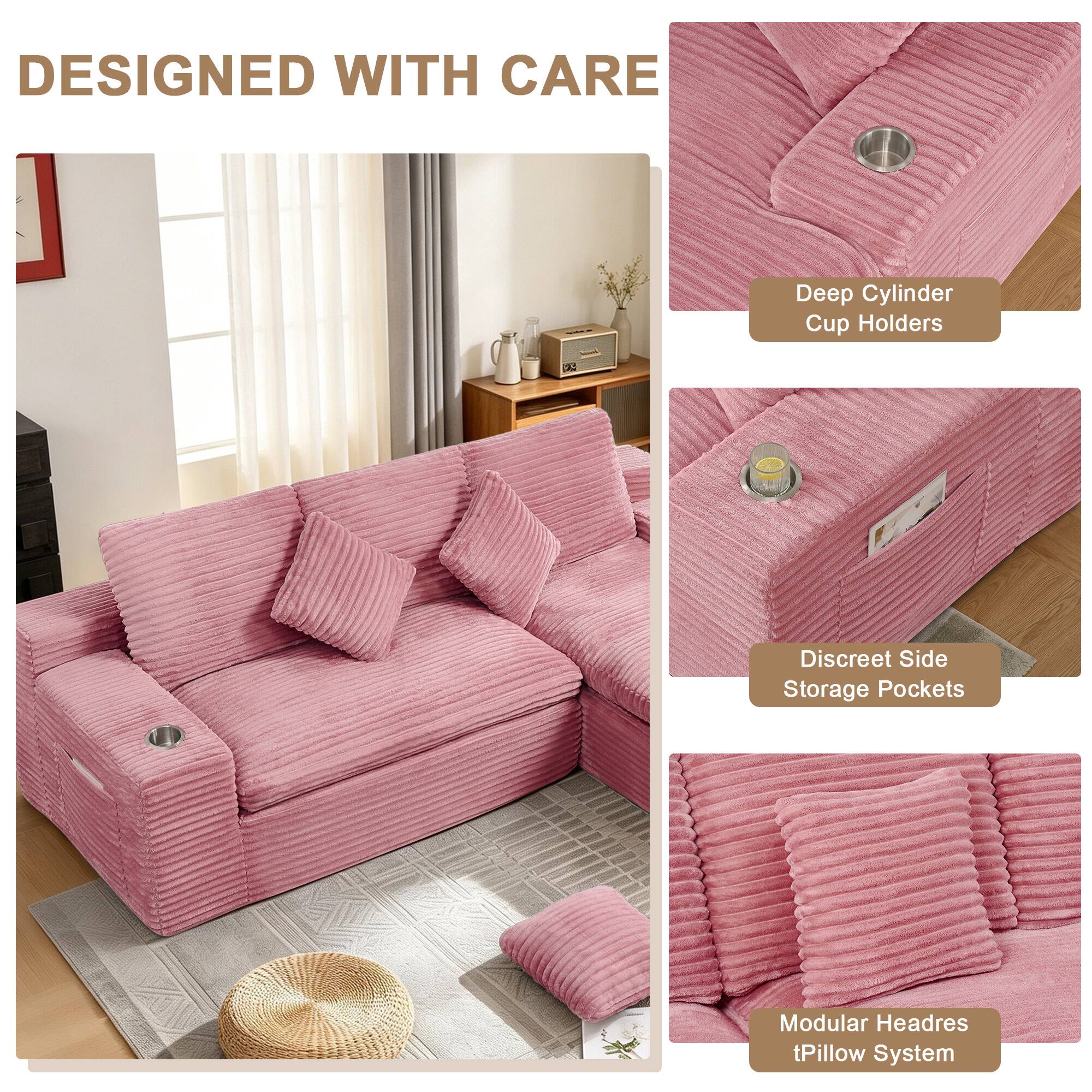 DESIGNED WITH CARE  
- Deep Cylinder Cup Holders  
- Discreet Side Storage Pockets  
- Modular Headrest Pillow System