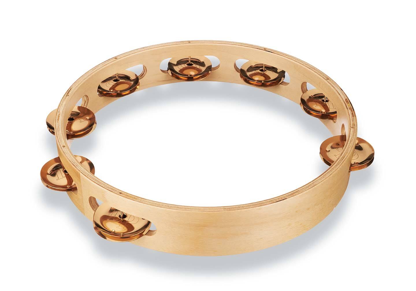 Angle. Latin Percussion - Pro 10 Tambourine, Single Row Bronze.