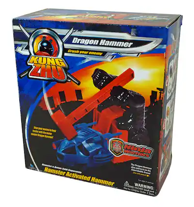 Sure, here is the corrected and grouped text from the image:
---
**KUNG ZHU™**
**Dragon Hammer**
Crush your enemy!
Stop your enemy in their tracks with the bump sensor Dragon Hammer!
Ninja Warriors
Hamster & Armor Sold Separately
Hamster Activated Hammer
The Dragon Hammer also connects to the Giant Battle Arena! (See side panel)
For ages 4 and up
CHOKING HAZARD - Small parts. Not for children under 3 years.
---
**WARNING:**
CHOKING HAZARD - Small parts. Not for children under 3 years.
---