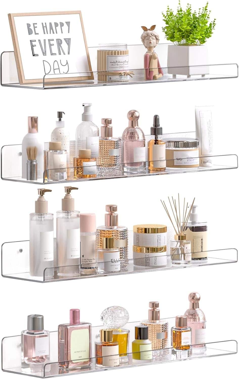 RTMB - Clear Acrylic Floating Shelves, 15", 4-Pack, Wall Organizer for Bathroom & More