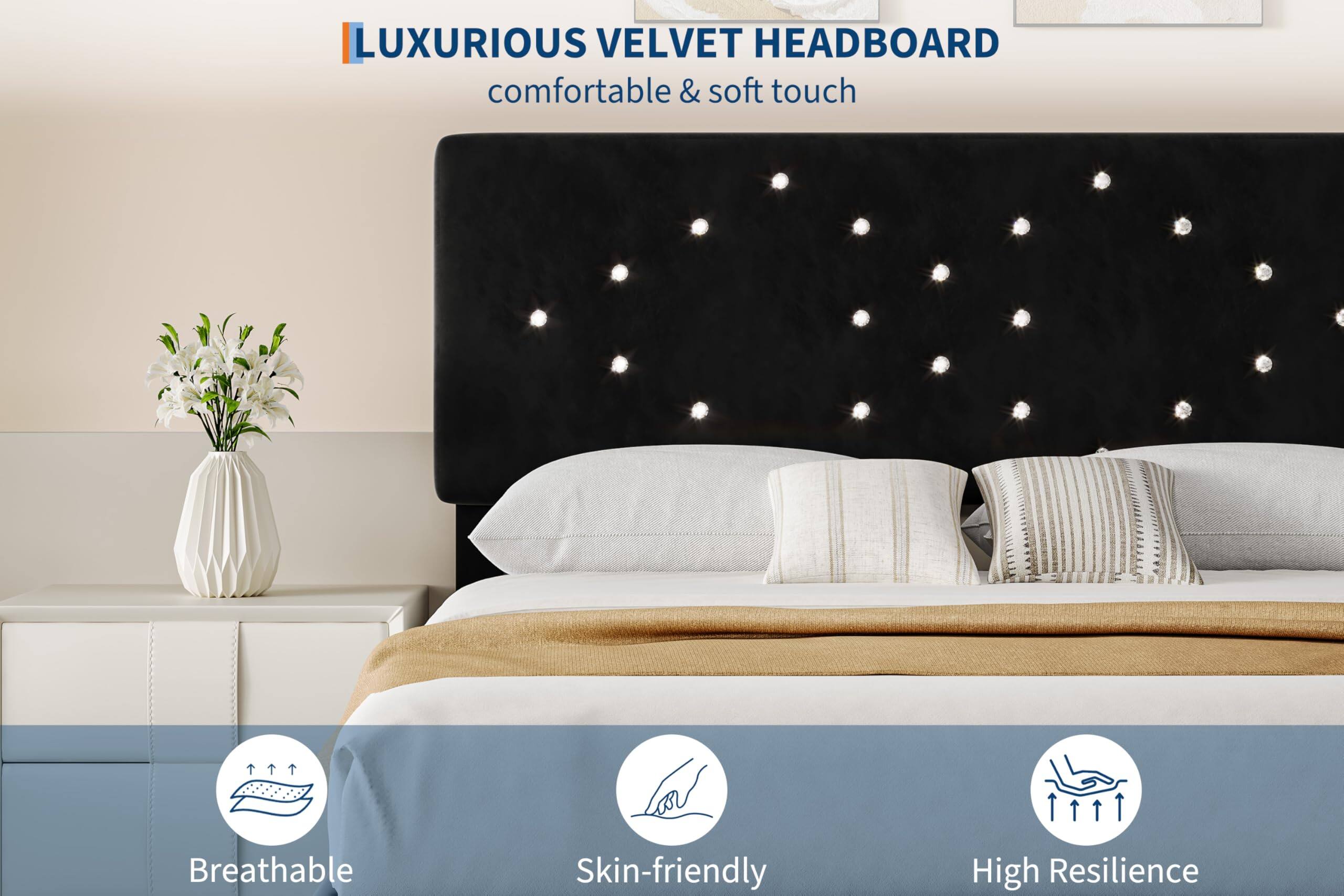 LUXURIOUS VELVET HEADBOARD  
comfortable & soft touch  

Breathable  
Skin-friendly  
High Resilience