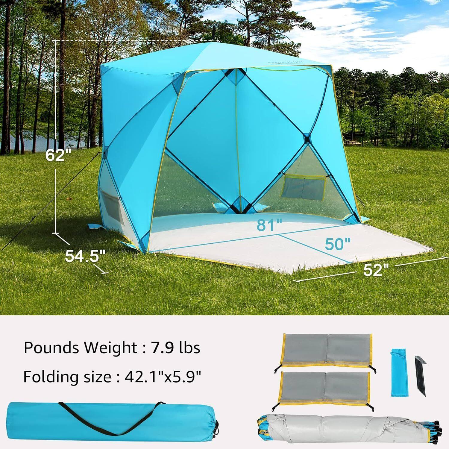 62" 54.5" 81" 50" 52"  
Pounds Weight: 7.9 lbs  
Folding size: 42.1"x5.9"