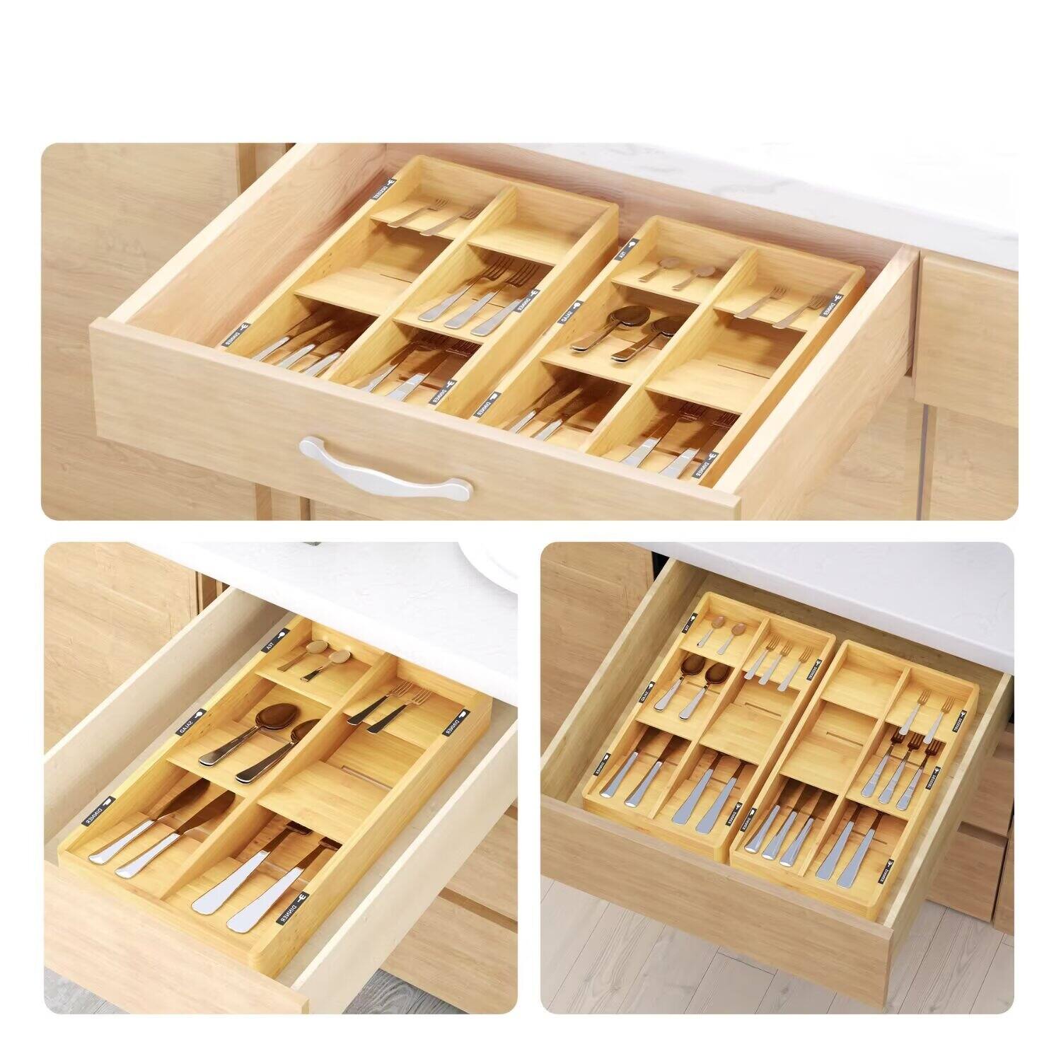 Alt View 2. Tooloton - Bamboo Flatware Drawer Organizer Tray with 6 Slots and Labels for Utensil Storage (Natural Color) - Natural.
