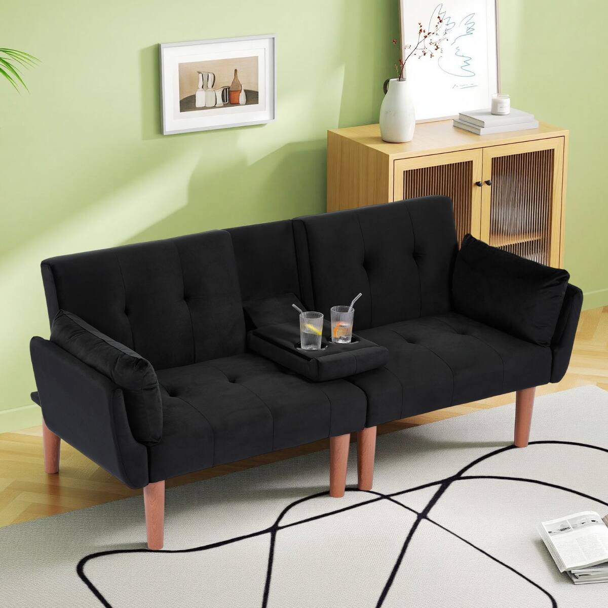 Alt View 2. Ropilly - Ropilly Black Velvet Loveseat, 72 Inch Foldable Sofa, 2 Person Couch for Living Room Apartment - Black.