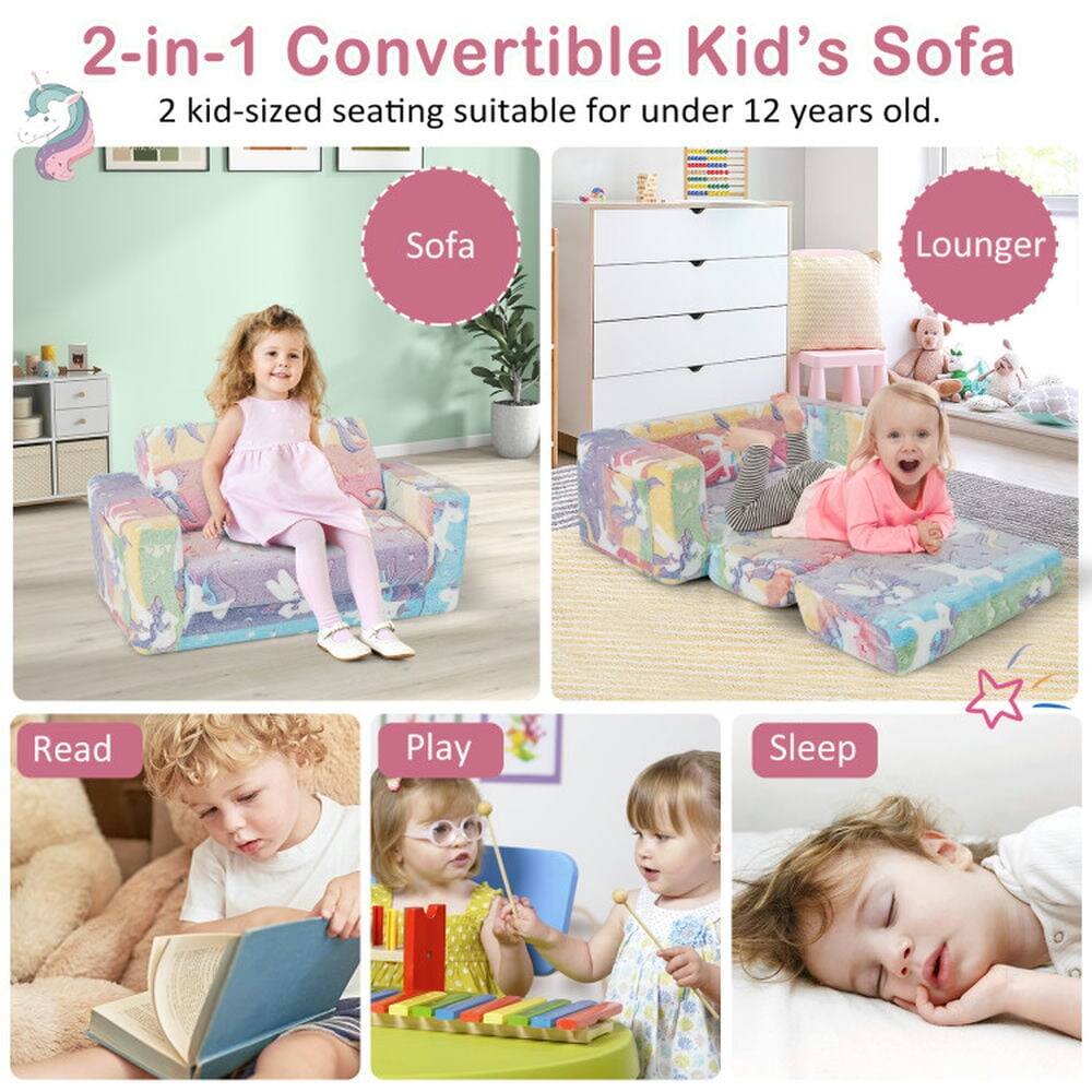 2-in-1 Convertible Kid's Sofa  
2 kid-sized seating suitable for under 12 years old.  

Sofa  
Lounger  
Read  
Play  
Sleep