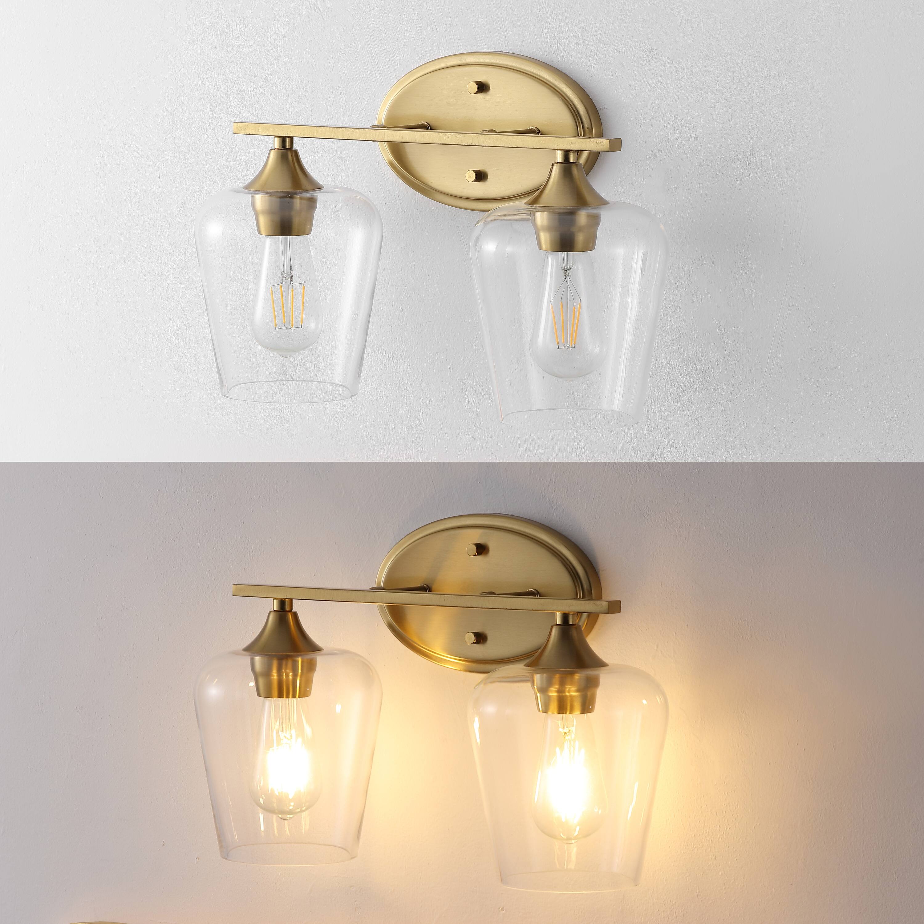 Alt View 4. Jonathan Y - Jayne 15.75" 2-Light Iron/Glass Cottage Rustic LED Vanity Light, Brass Gold - Brass Gold.