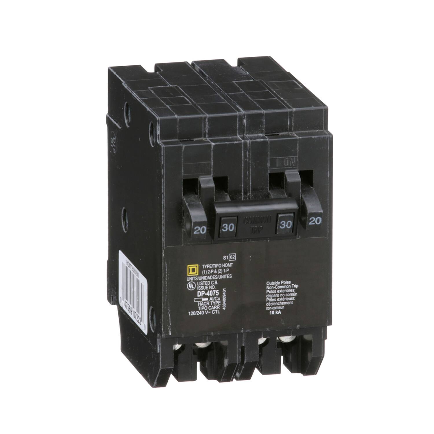 20 COMMON 30 30 20

S1 62 TYPE/TIPO HOMT (1)2-P(2)1P UNITS/UNIDADES/UNITS LISTED .. VL ISSUE NO. DP-4075 AllCu 4884009401 HACR TYPE TIPO CARR 120/240 V- CTL

Outside Poles Non-Common Trip Polos exteriores: disparo no común Poles exterieurs: déclenchement non-commun 10 A