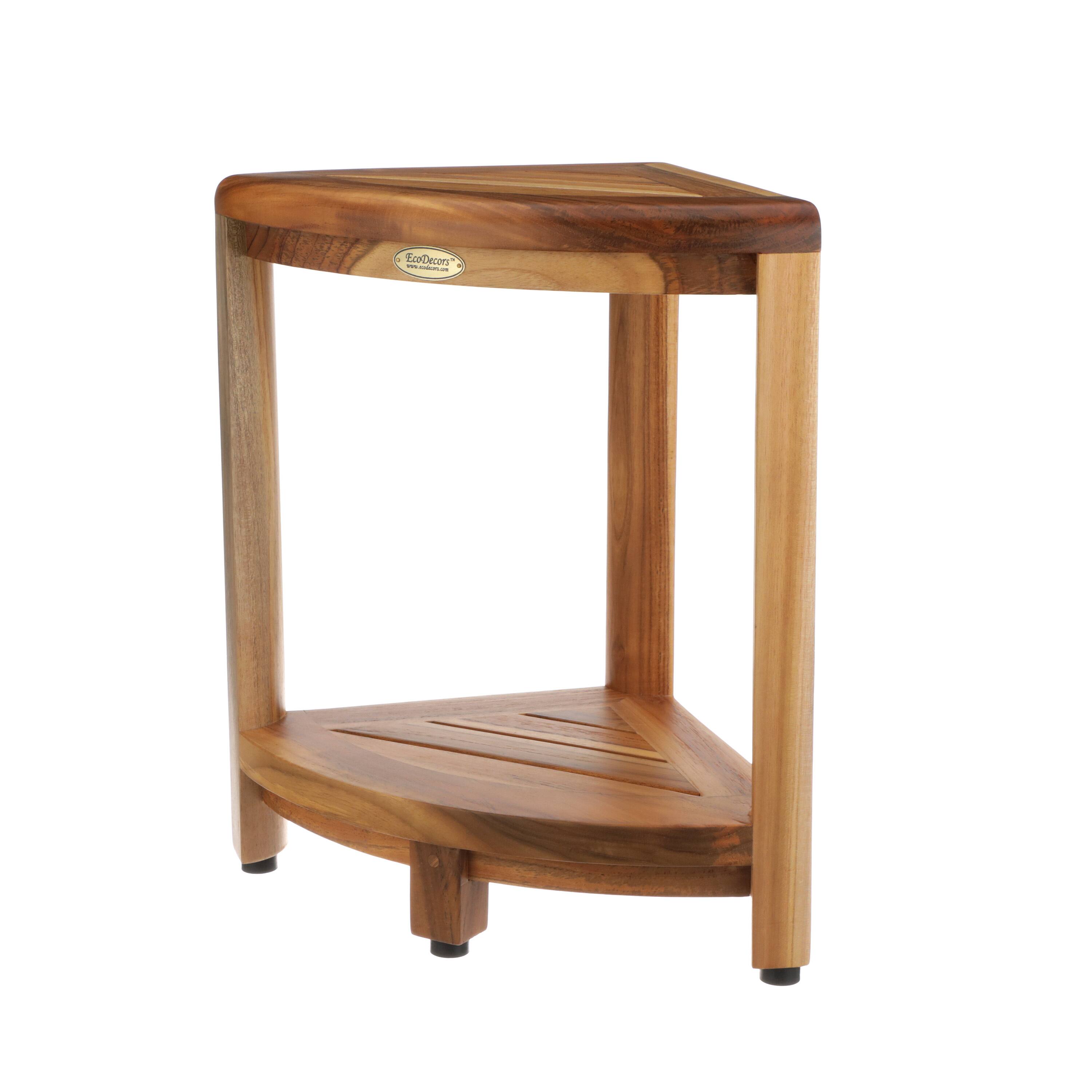 Angle. EcoDecors - EcoDecors Snazzy Corner Two Tier Shelf Waterproof Teak Wood Shower Bench - EarthyTeak.