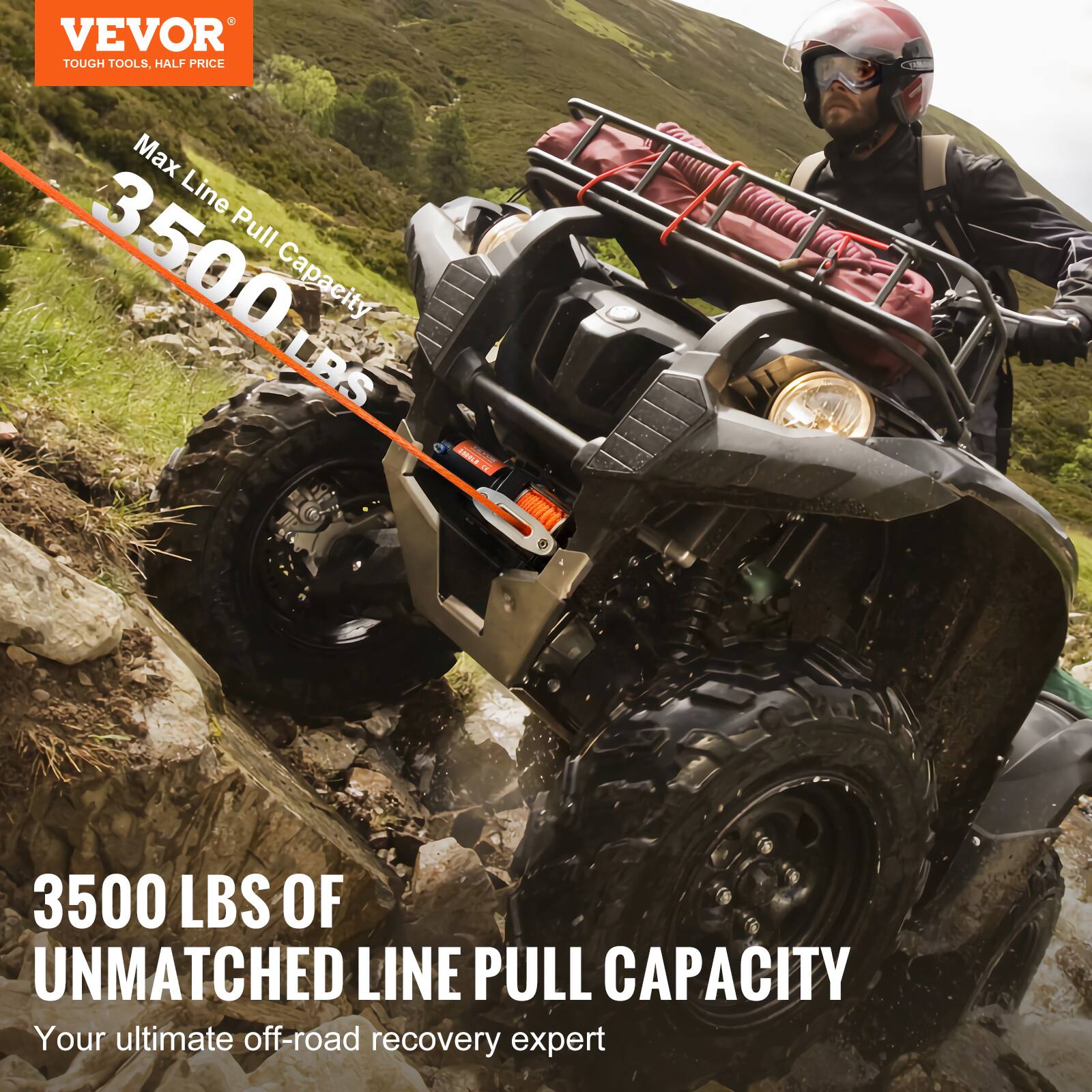 VEVOR  
TOUGH TOOLS, HALF PRICE  

Max Line Pull Capacity  
3500 LBS  

3500 LBS OF UNMATCHED LINE PULL CAPACITY  
Your ultimate off-road recovery expert